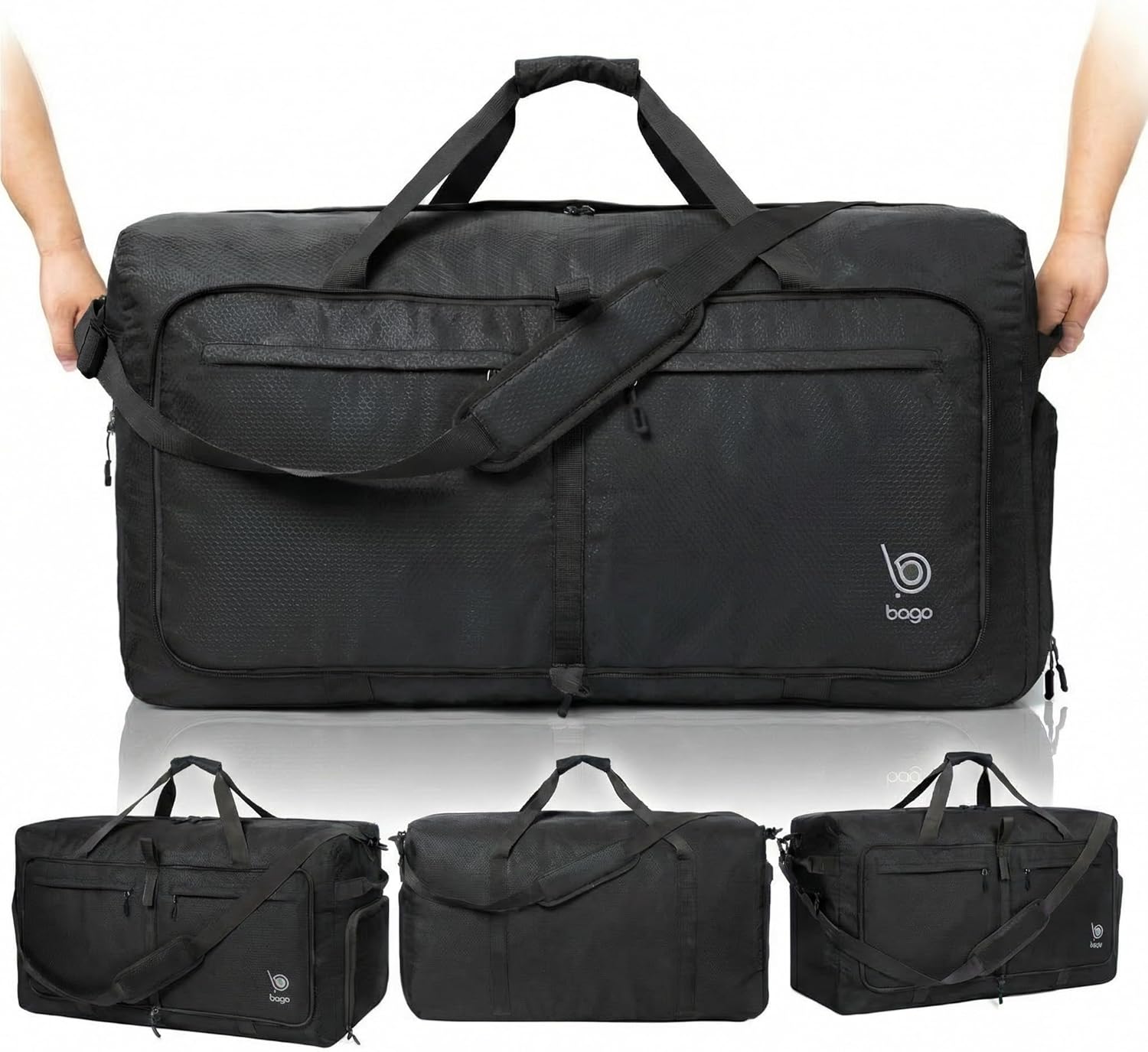 Bago Large Foldable Duffel Bags for Traveling Women & Men - 100L Packable Duffle Bag for Travel with Shoe Compartment - Water Repellant, Heavy Duty, Lightweight Folding & Collapsible (All Black) - Image 14