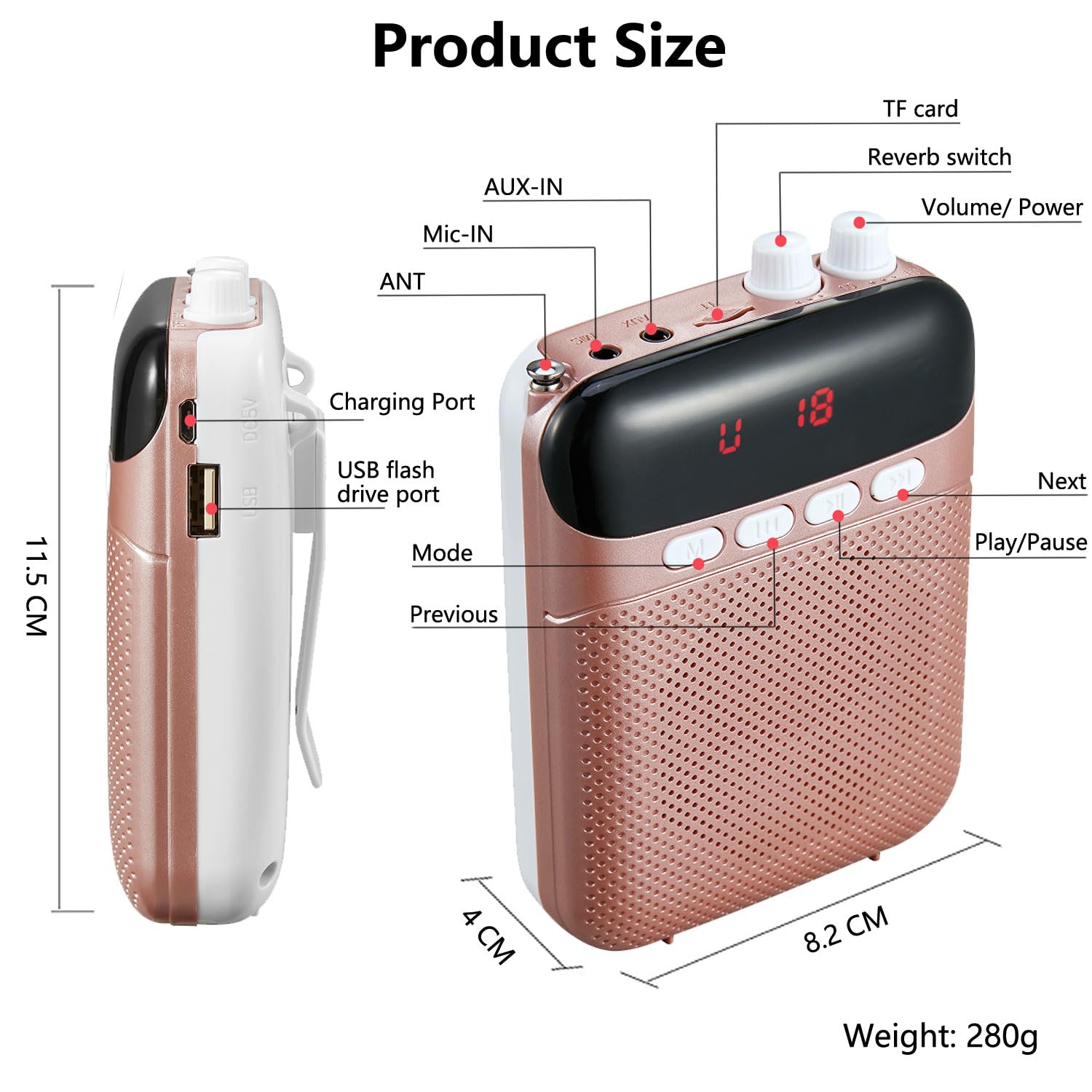 Portatil Amplificador de Voz para Profesores con Bluetooth,2400 mAh Sistema de PA Recargable con Micrófono con Cable para Profesores, Guía Turístico,Entrenamiento,Reunión,Yoga,Aula y más(Rose)