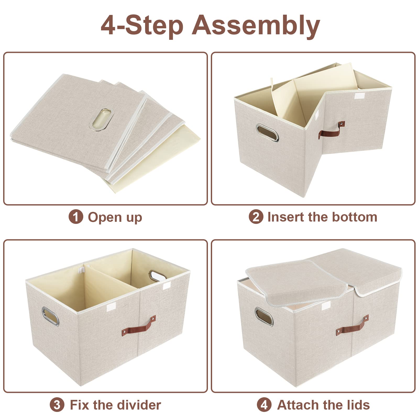 TYEERS Caja de Almacenaje con Compartimentos Extra Grande, Tela, Plegable, Caja Organizadora, 55x33x30 cm, Juego de 3, Beige