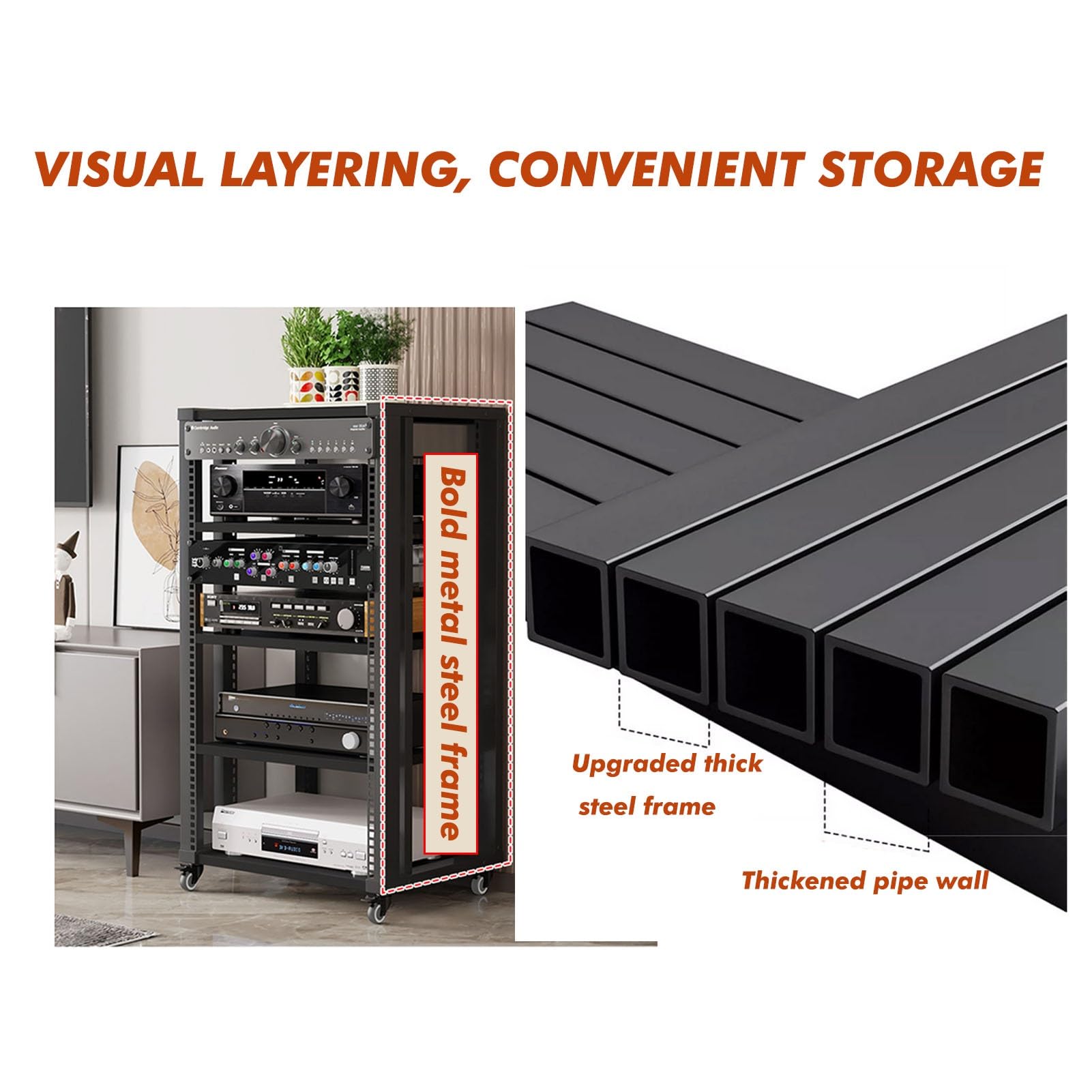 3-poziomowy stojak na multimedia AV z kółkami, regulowane półki Szafka stereo na konsolę Audio Rack Tower, do kina domowego(Brown2)