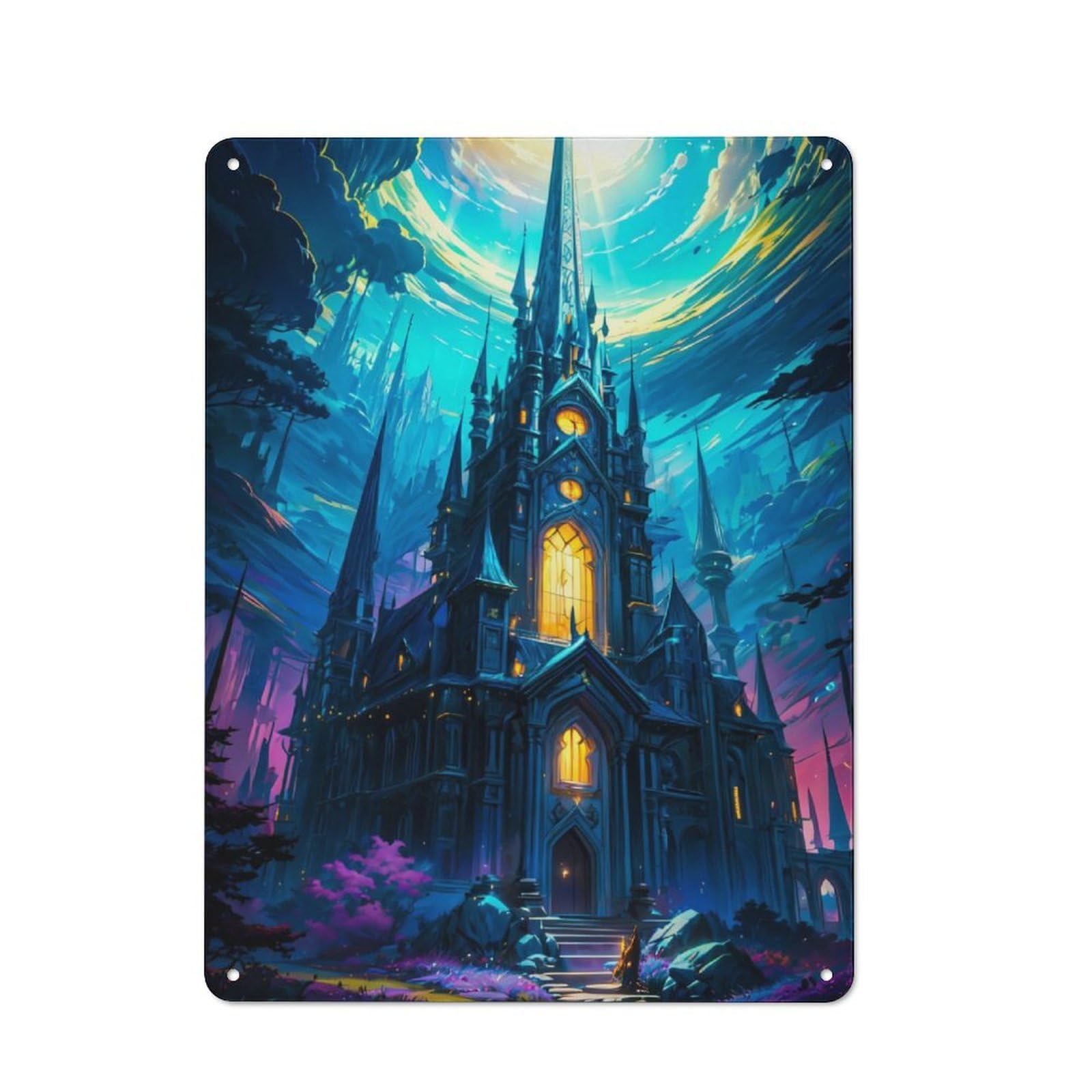 Fantasy European Castle Decorative Metal Plaque, Easy to Hang Plaque for Garden Shed, Covered Patio, Kitchen Or Hallway, 40x30cm