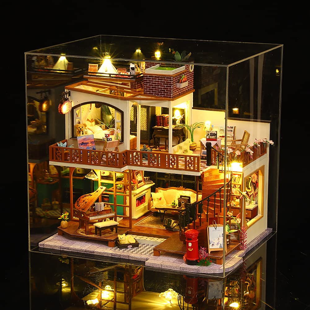 Mini casa con LED DIY kit de casa de muñecas habitación creativa miniatura vintage estilo europeo juguete rompecabezas Navidad montado casa de muñecas para niñas mujeres