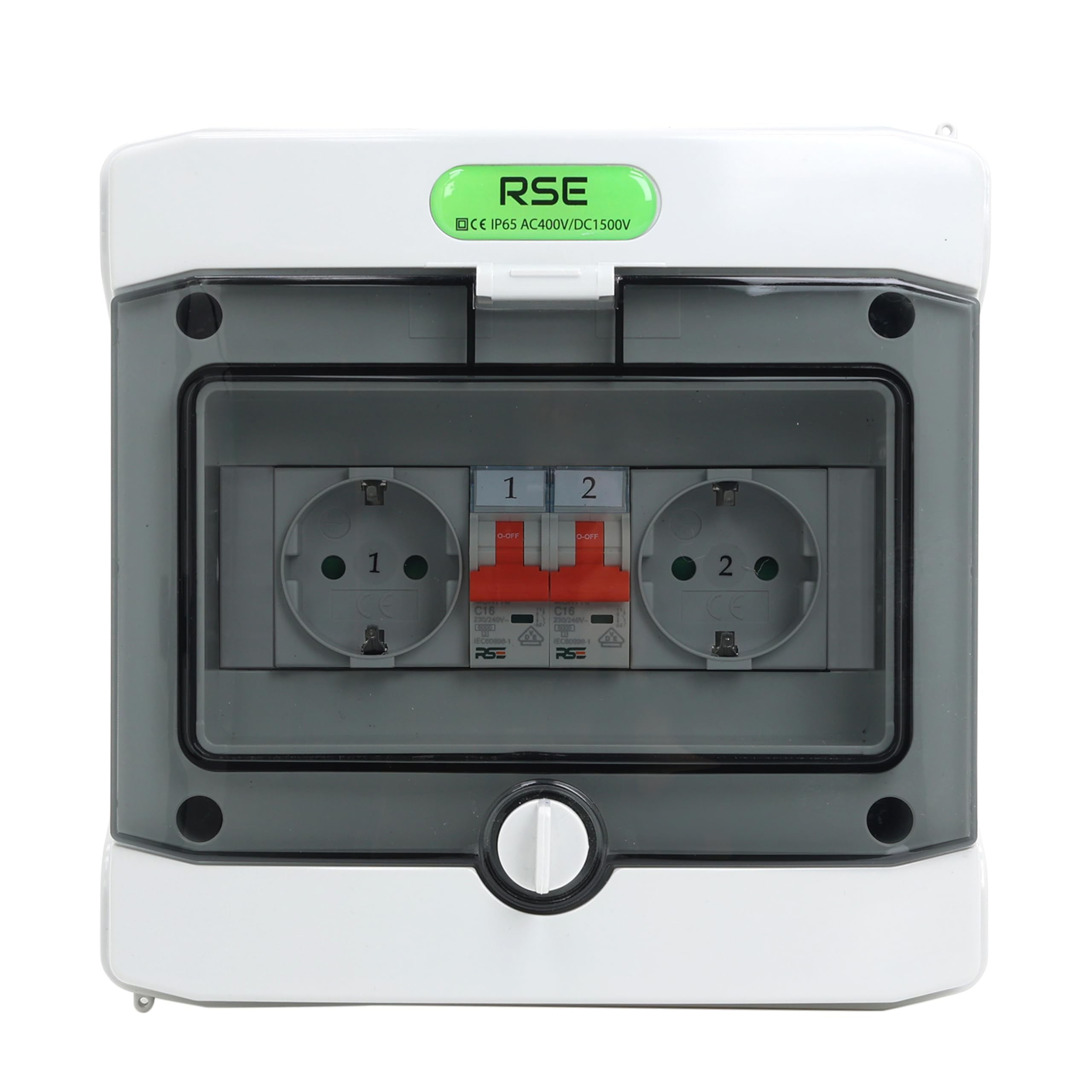 RSE DualPowerBox IP65 – 2 x TH35 gniazda Schuko, każde z oddzielnym wyłącznikiem C16, odporne na warunki atmosferyczne (IP65 przy zamkniętym oknie), 230 V do użytku na zewnątrz i na placu budowy