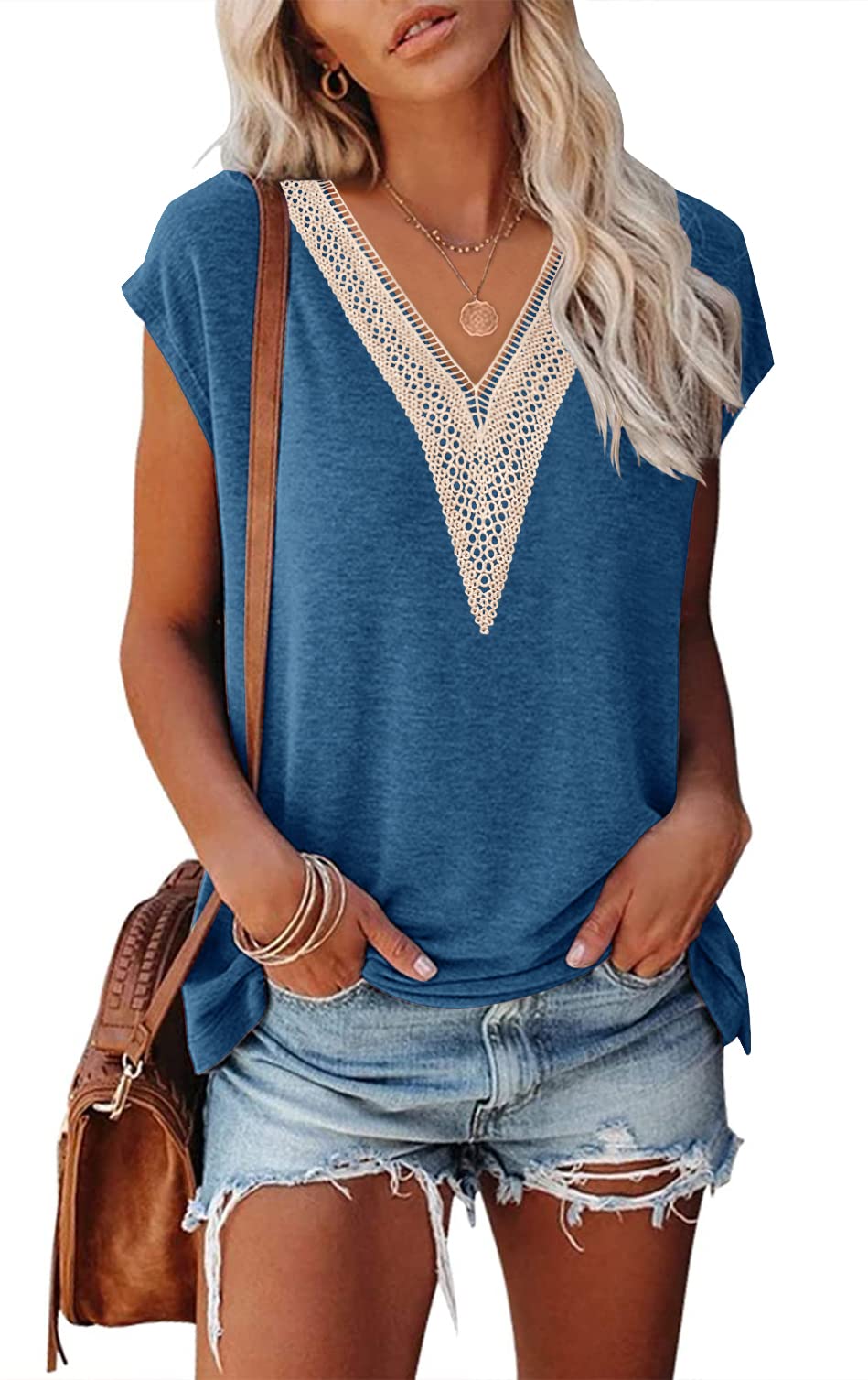 MEROKEETYWomen's Casual Cap Sleeve Lace Trim V Neck Tops 2025 Summer Loose Tee Shirts Blouse