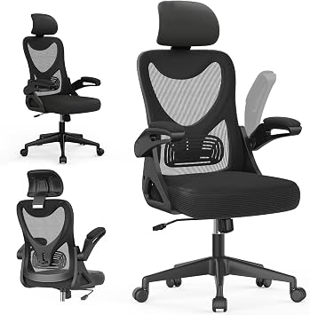 Neezee Office Chair - Ergonomic Desk Chair Breathable Mesh Chair with Adjustable Lumbar Support Headrest, Padded Flip-up Armrests High Back Computer Gaming Chair For Home Office