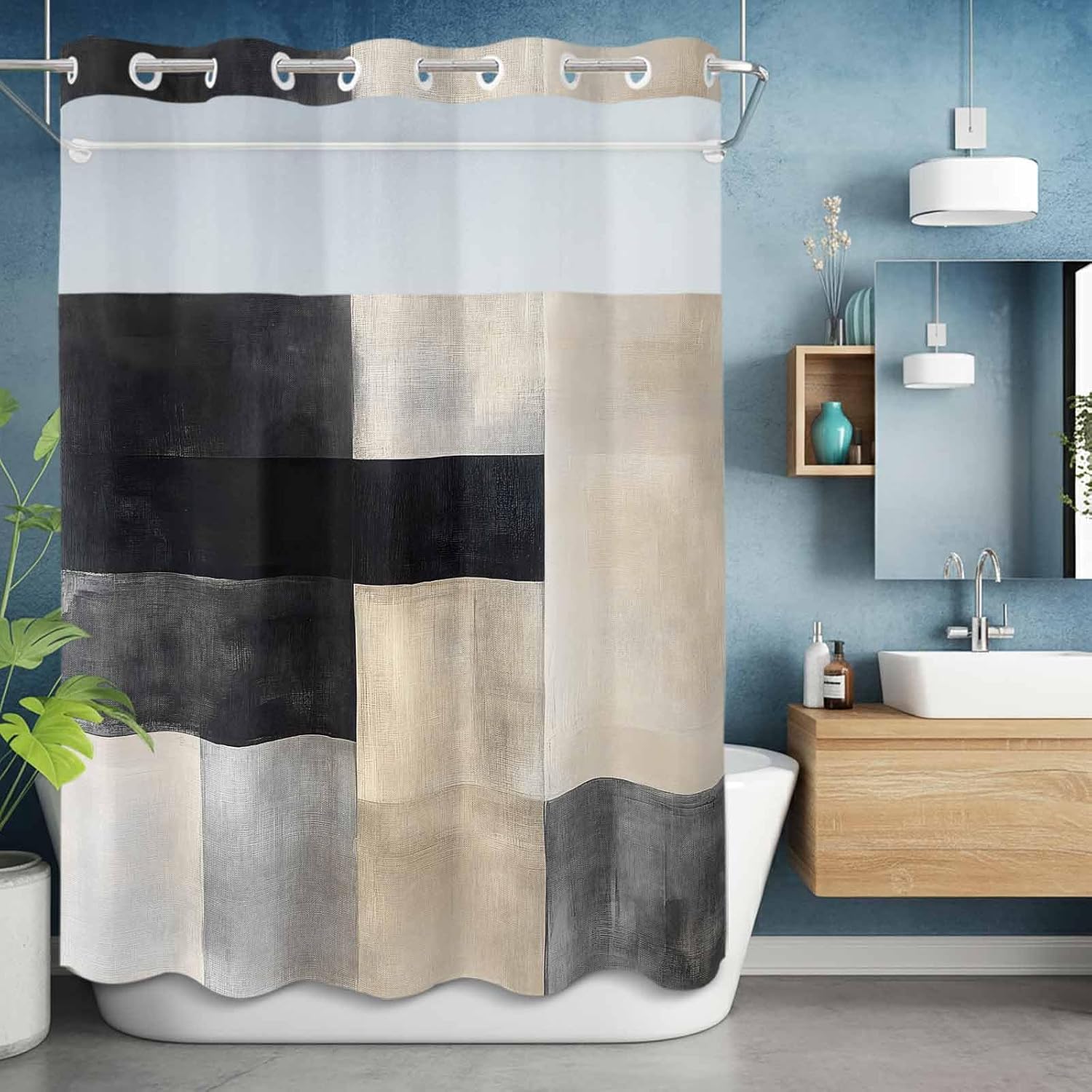 Abstract off White Gray Black No Hook Shower Curtain with Snap in Liner Set, Waterproof Shower Curtains for Bathroom, Oil Painting Art Fabric Shower Curtain, See Through Mesh Top Window, 60"W x 72"L