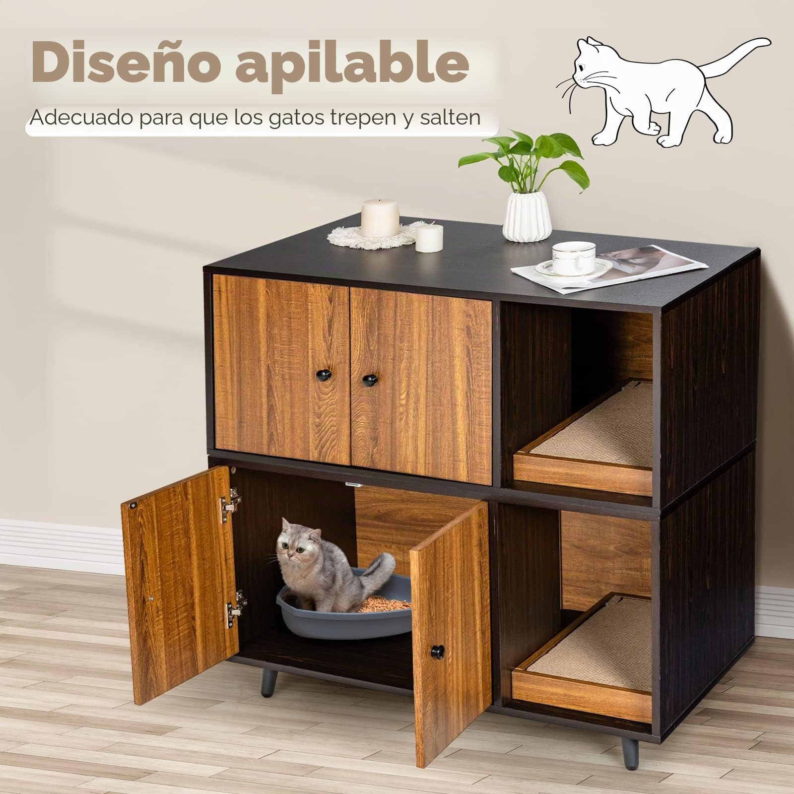 GOPLUS Armario para gatos 2 en 1 para arenero, casa de gatos de madera con puertas, patas de acero, caja rascador extraíble, resistente al agua y a los arañazos, cueva para gatos y mascotas, 90 x 50 x