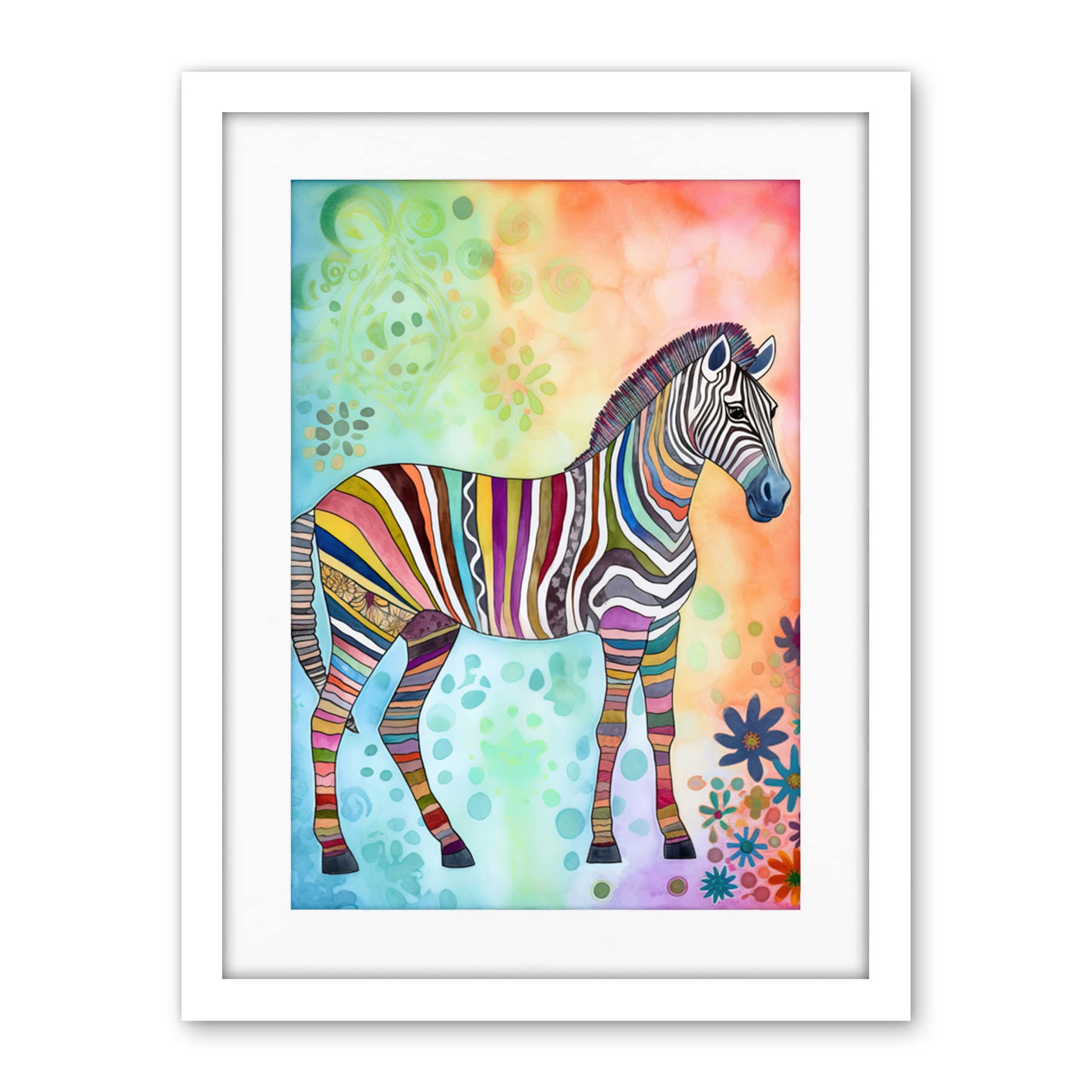 Artery8 Rainbow Floral Zebra Folk Art Artwork Framed Wall Art Print 18X24 Inch