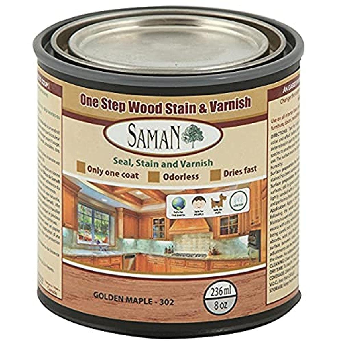SamaNInterior One Step Wood Seal, Stain and Varnish – Oil Based Odorless Dye - Protection for Furniture and Fine Wood (Golden Maple SAM-302, 8 oz)