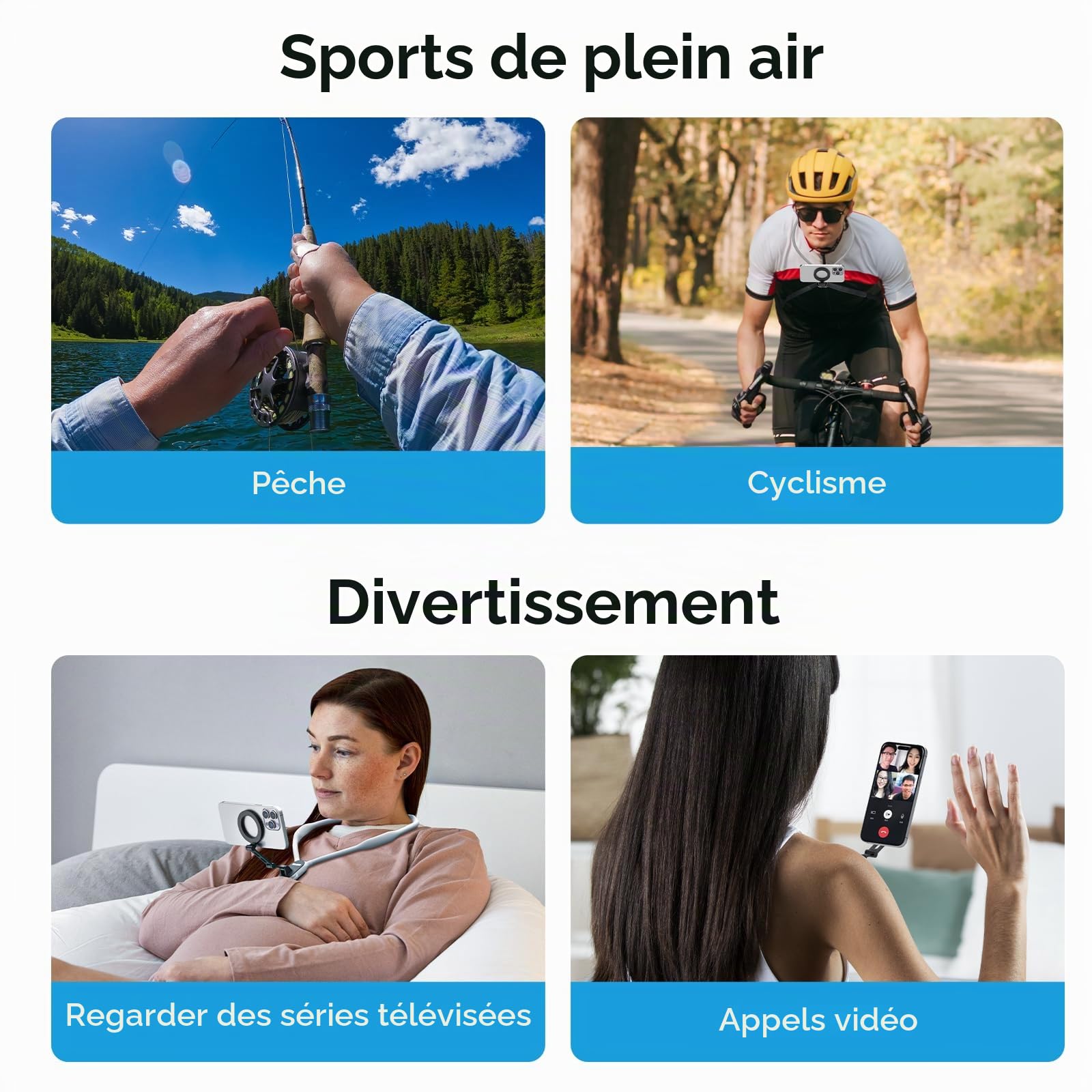 Support de Téléphone pour Le Cou, Support Cou POV/Vlog pour Téléphone avec Clip Téléphone, Support de Téléphone Mains Libres pour Le Cou pour iPhone Samsung et Tous Les Téléphones