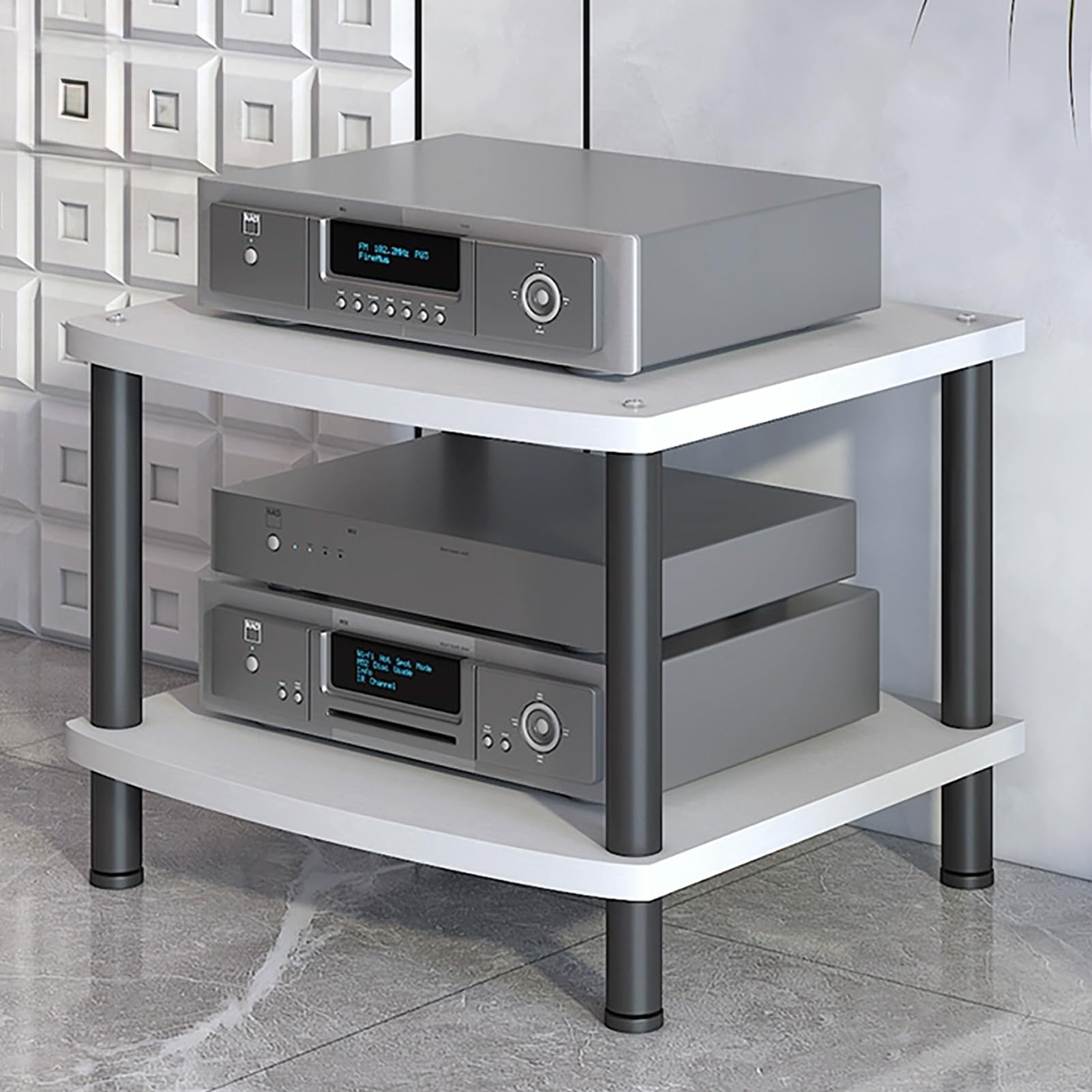 Modern AV Media Stand, 3-Tier Stereo Cabinet with Carbon Steel Frame, Wooden Storage for TV, DVD Players &amp; Accessories(White,2 Tier 60x54x44CM)