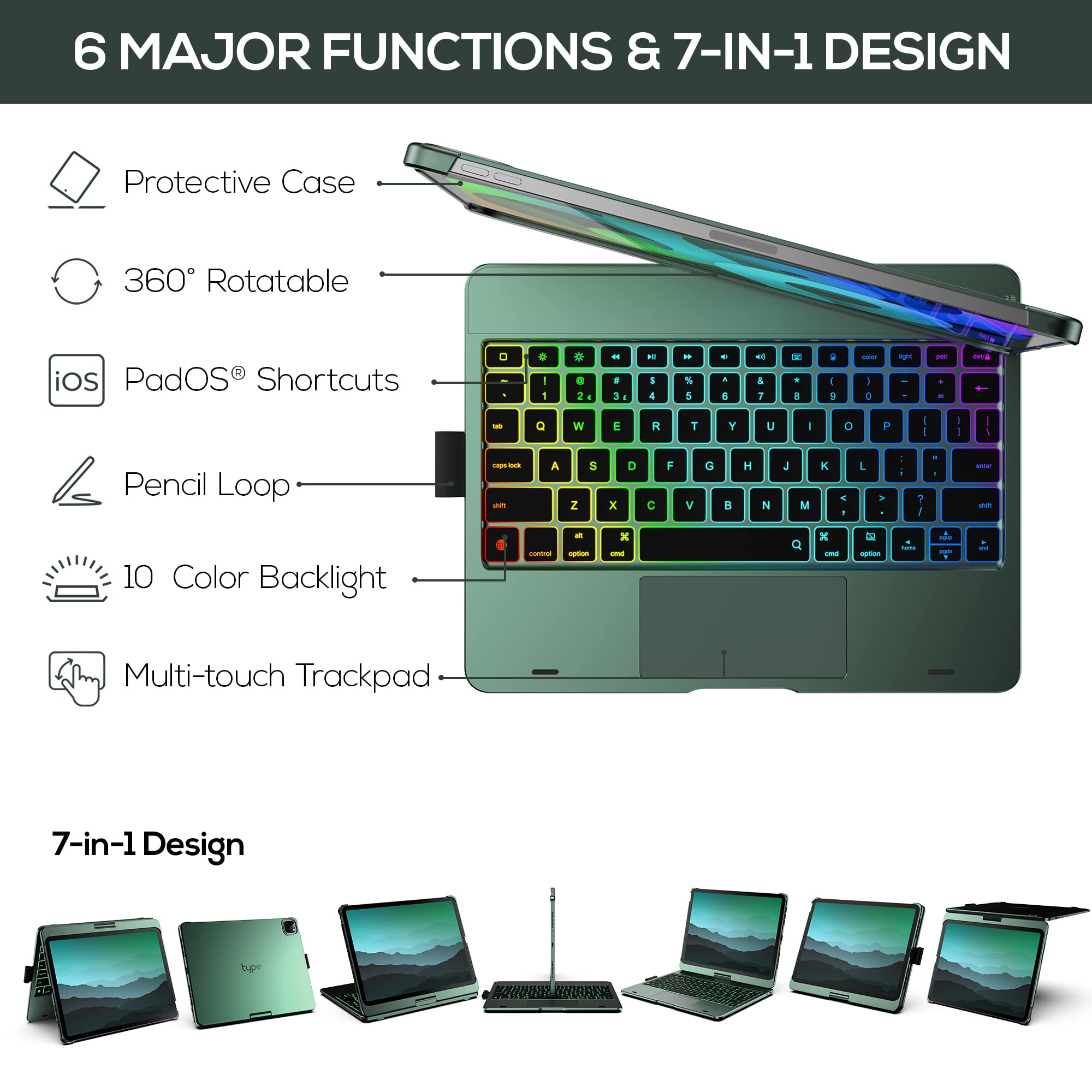 typecase Touch Keyboard Case for iPad Air 11-inch(M4/M3/M2,2026/2025/2024)& iPad Pro 11(4th/3rd/2nd/1st Gen),Multi-Touch Trackpad,11-Color Backlight,360°Rotatable for iPad Air 5/4th Gen,Midnight Green Product Image 4