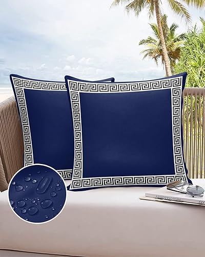 Miniatura 6 de Juego de 2 fundas de almohada impermeables para exteriores, diseño geométrico de llave griega, juego de 2 fundas de almohada lumbares, color azul