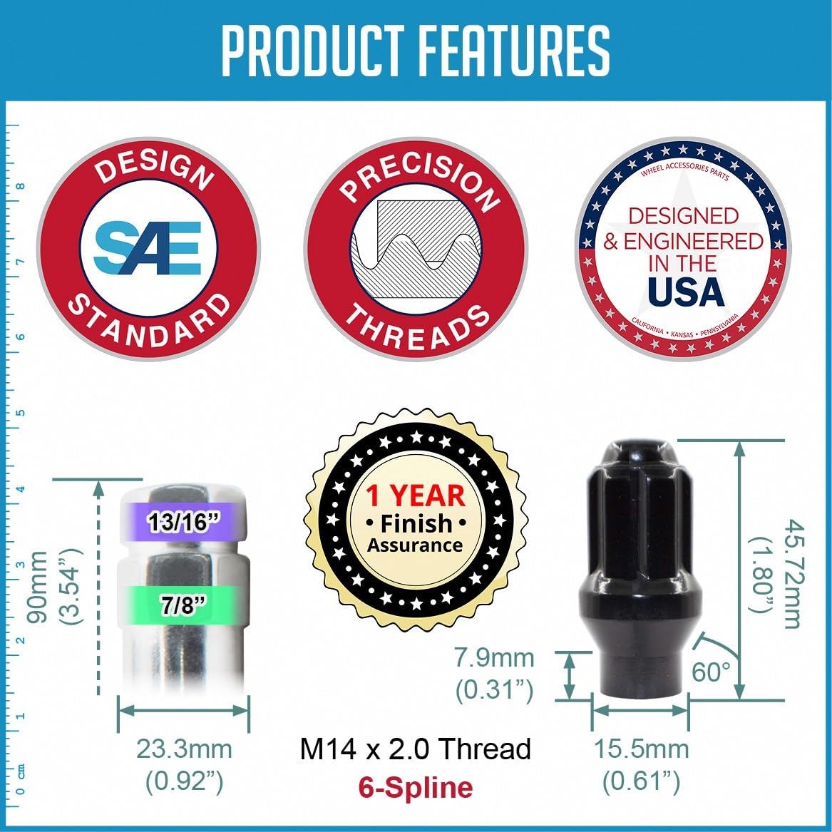 Wheel Accessories Parts 24 Pcs M14x2 14x2 Thread ET Bulge Acorn (Extra Thread) 1.80" Long Spline Lug Nuts Black Truck Spline Hex Fits Ford F-150 Expedition ｜ Lincoln Navigator