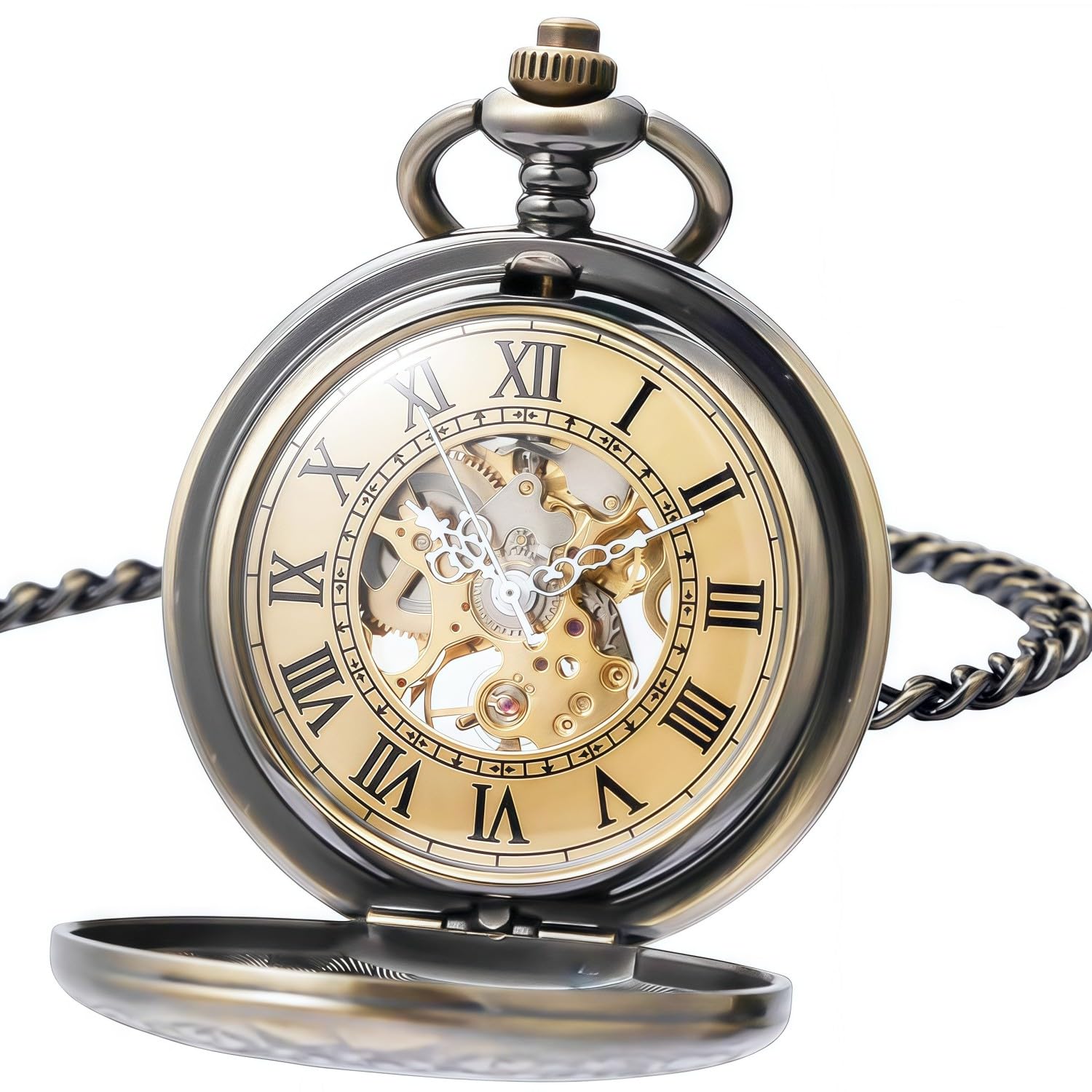 Orologio da tasca meccanico, per uomo e donna, con lente d'ingrandimento speciale, cassa incisa, numeri romani con catena, bronzo