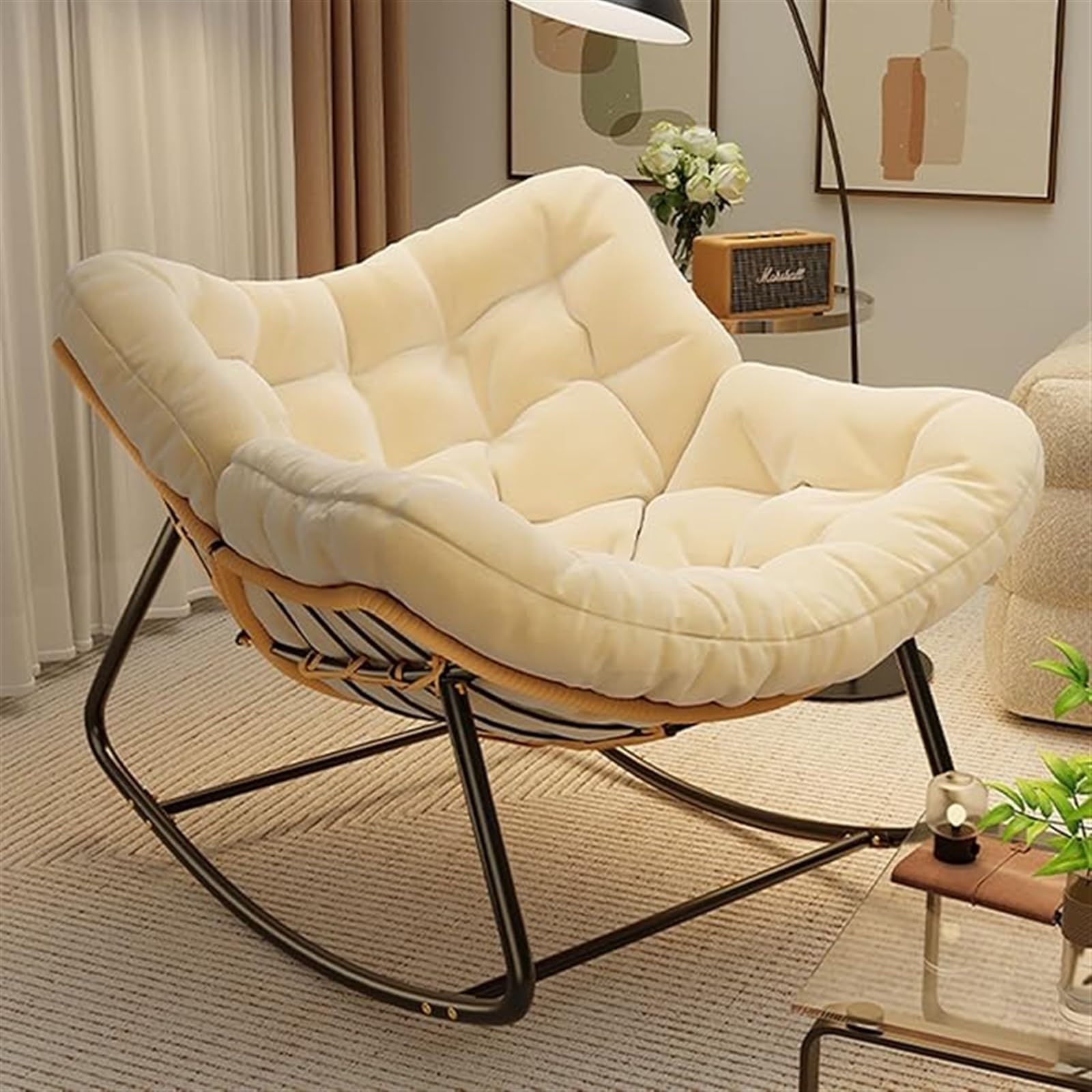 Cómoda Mecedora Relajante para Interiores y Exteriores, para Patio, Curvada, para balcón, con Estructura metálica y Cojines Gruesos (Blanco Roto).