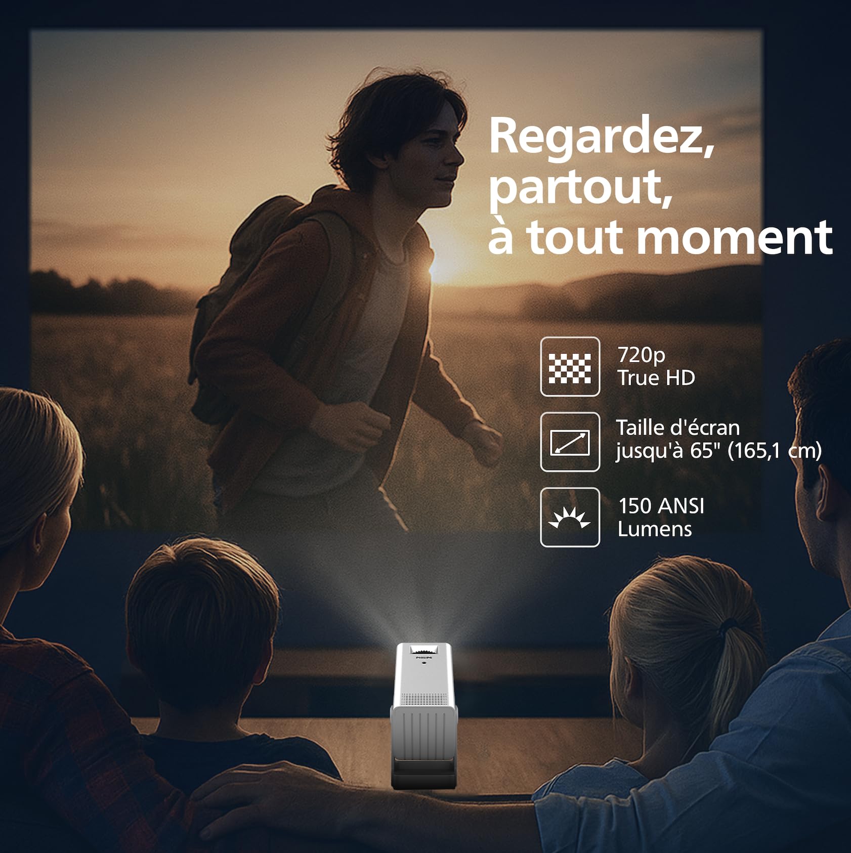 Philips, Neopix 140, Vidéoprojecteur Home cinéma, Résolution 1280x720p, Rotatif à 180 degrés, Mode Miroir, Wi-FI 6, Son Stéréo 2x3 Watts, Blanc