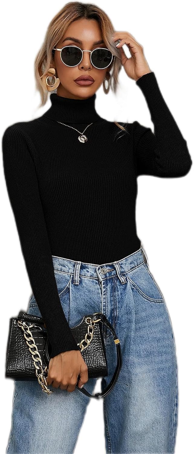 Women's Sweater Turtleneck Solid Rib-Knit Sweater Sweater for Women (Color : Black, Size : Medium)