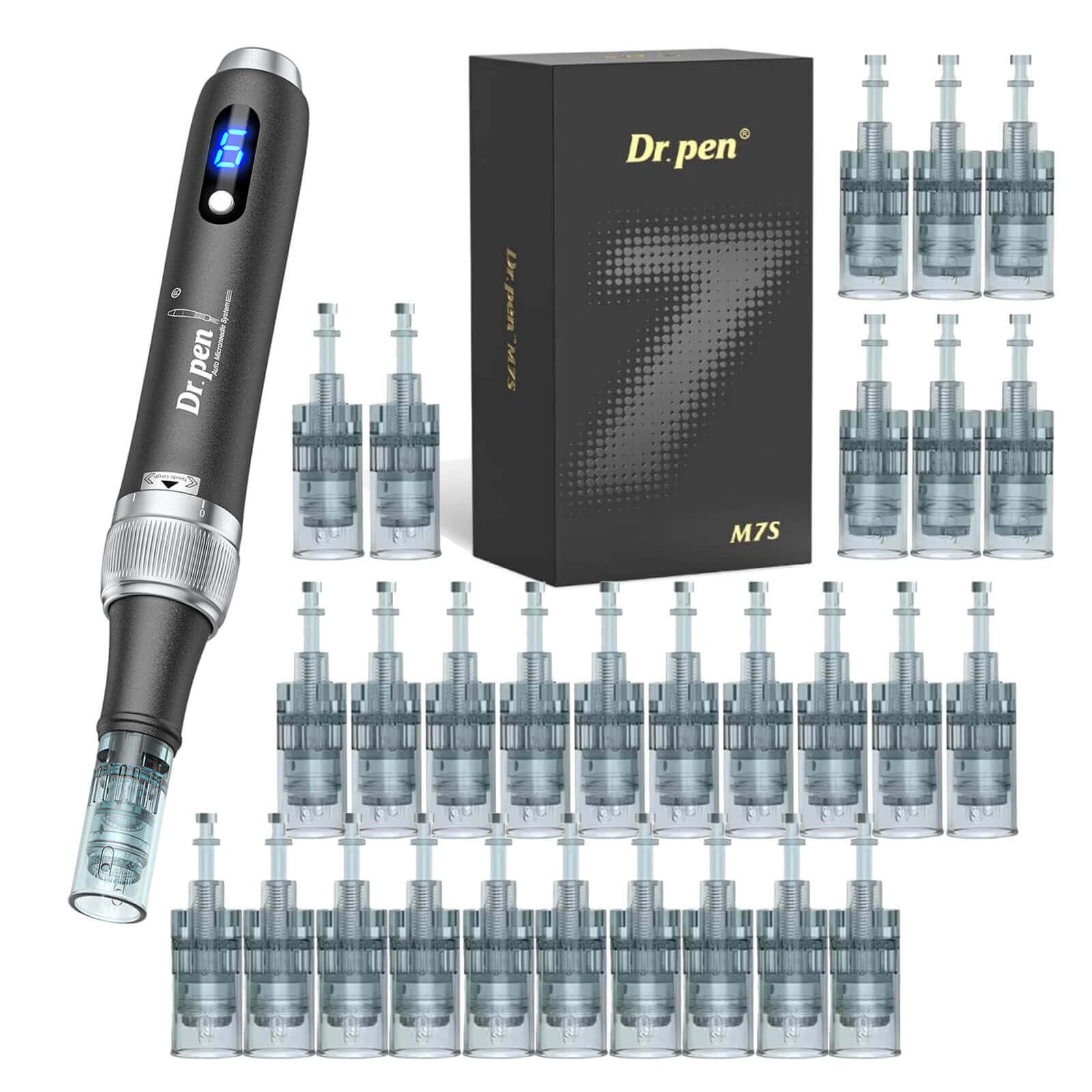 Dr. pen Ultima M7S - Penna per la cura della pelle, colore nero, senza fili e ricaricabile, con display digitale, 6 livelli, 0-2,5 mm, set con 28 cartucce di ricambio (12 × 16 pin + 10 × 36 pin + 6