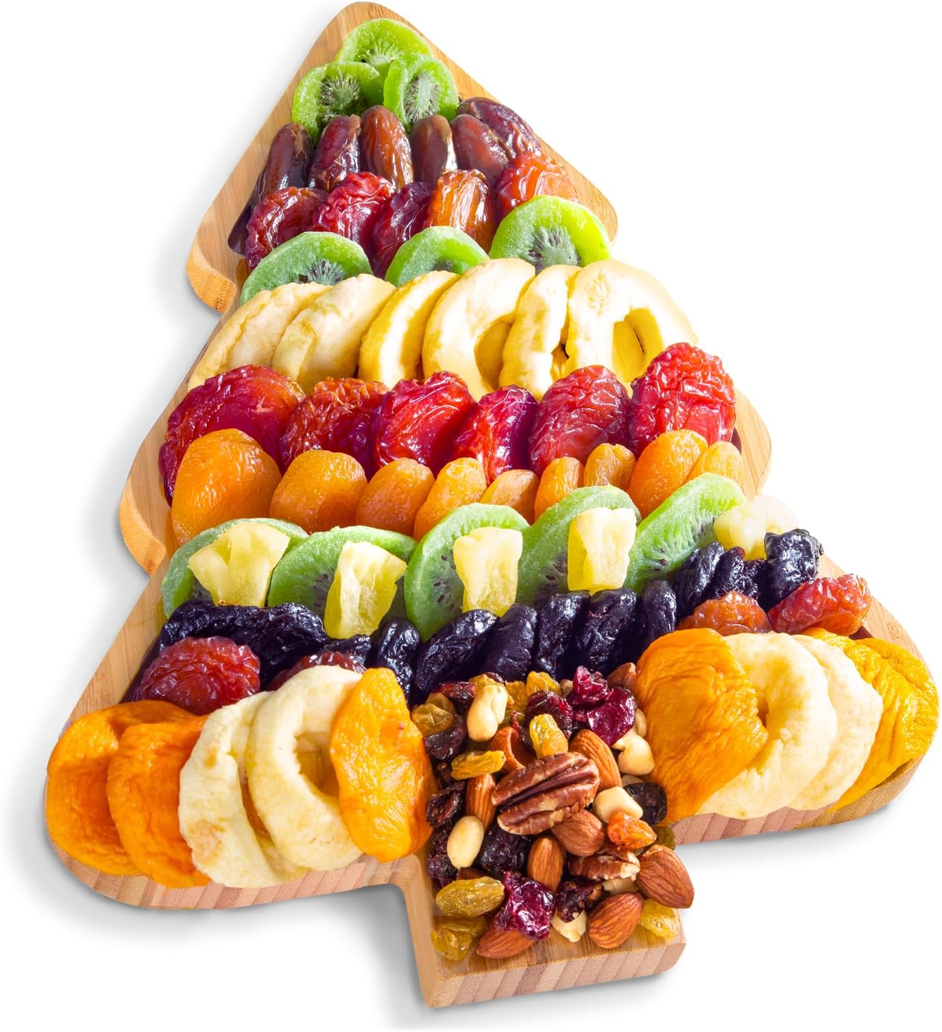 A Gift Inside Season's Greetings Dried Fruit Gift on Reusable Bamboo Christmas Tree Serving Tray