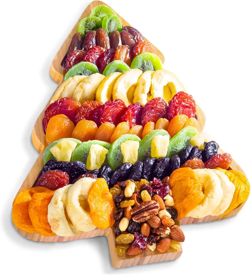 A Gift Inside Season's Greetings Dried Fruit Gift on Reusable Bamboo Christmas Tree Serving Tray