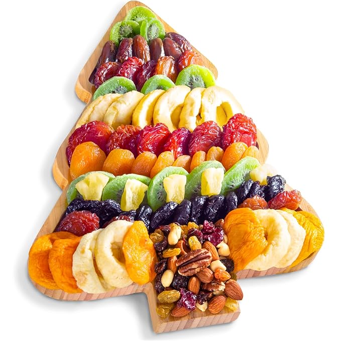 A Gift Inside Season's Greetings Dried Fruit Gift on Reusable Bamboo Christmas Tree Serving Tray