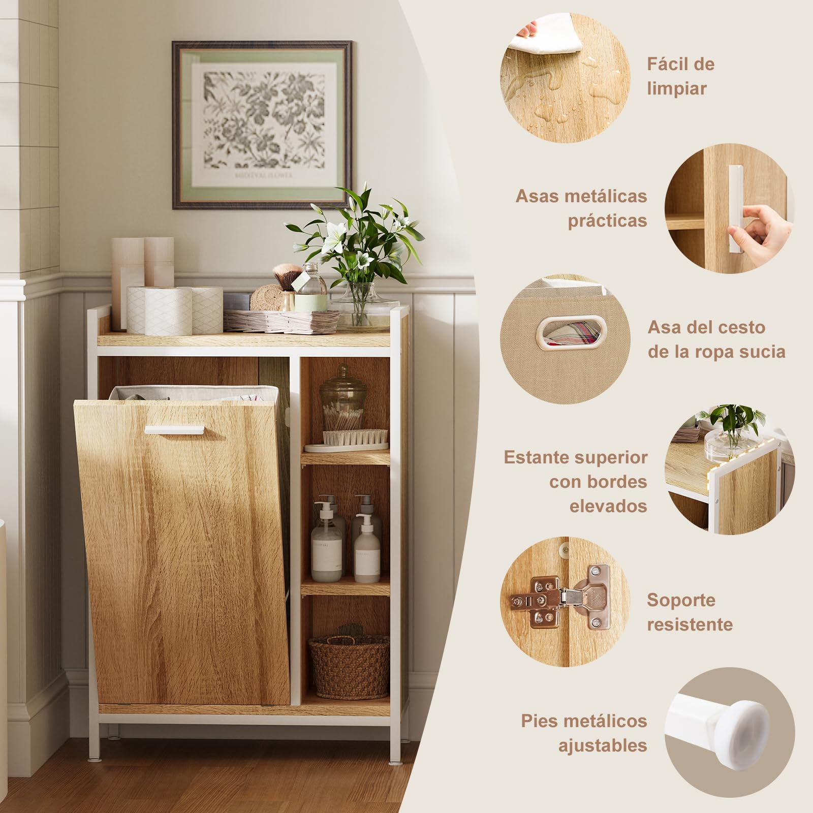 ELUCHANG Armario de Baño con Cesto Ropa Sucia 50L, Mueble de Baño 2 en 1 con 3 Divisiones Ajustables, Bolsa Extraíble Lavable, para Baño y Lavadero, 63x30x91cm, Roble Claro + Blanco