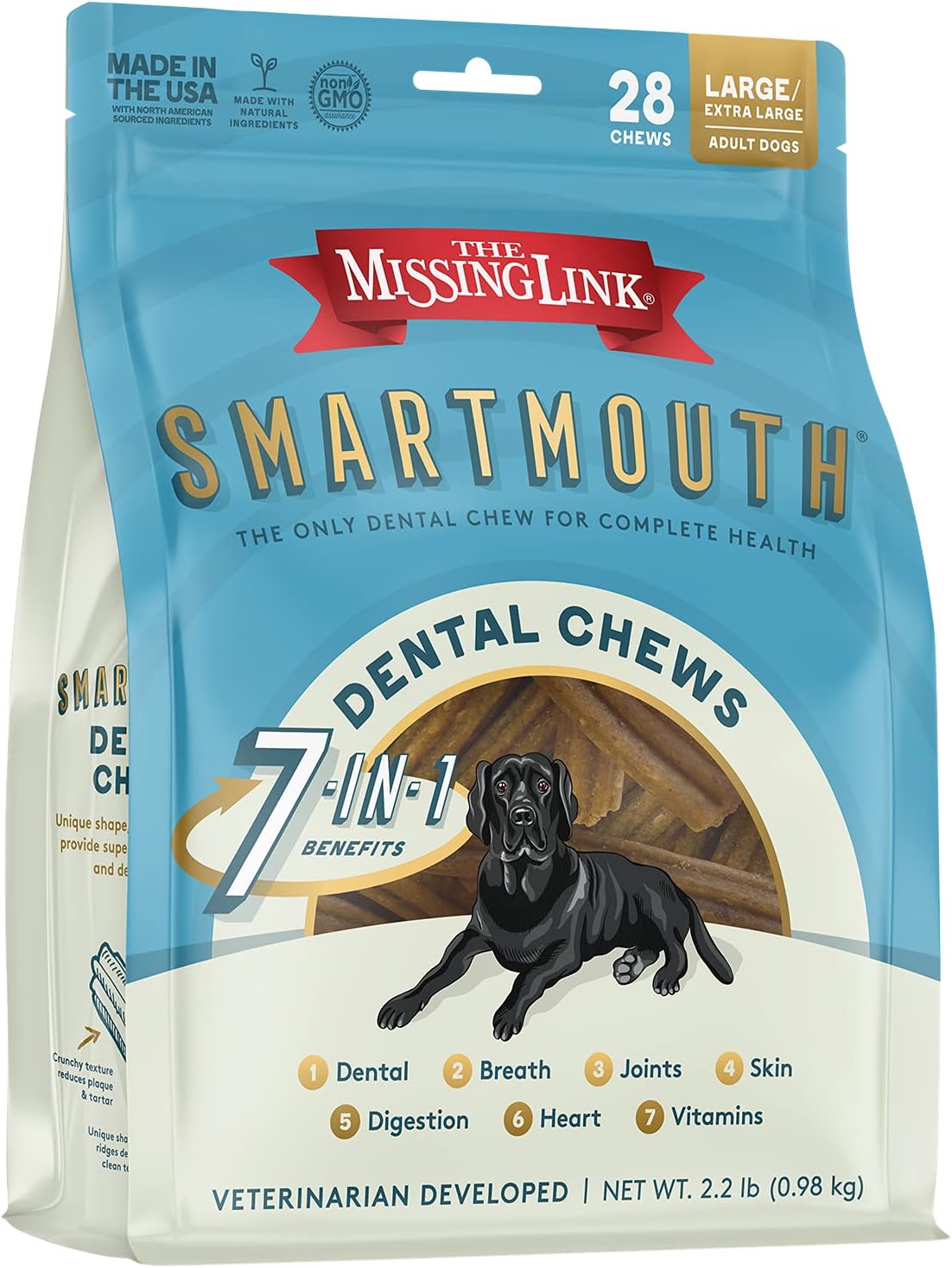 Smartmouth Vet Developed Dental Chew Treats, 7-in-1 Benefits: Healthy Teeth & Gums, Breath, Skin, Joints, Digestion, Heart, Immune System – Large/Extra Large 50-100lb+ Dogs, 28 Ct