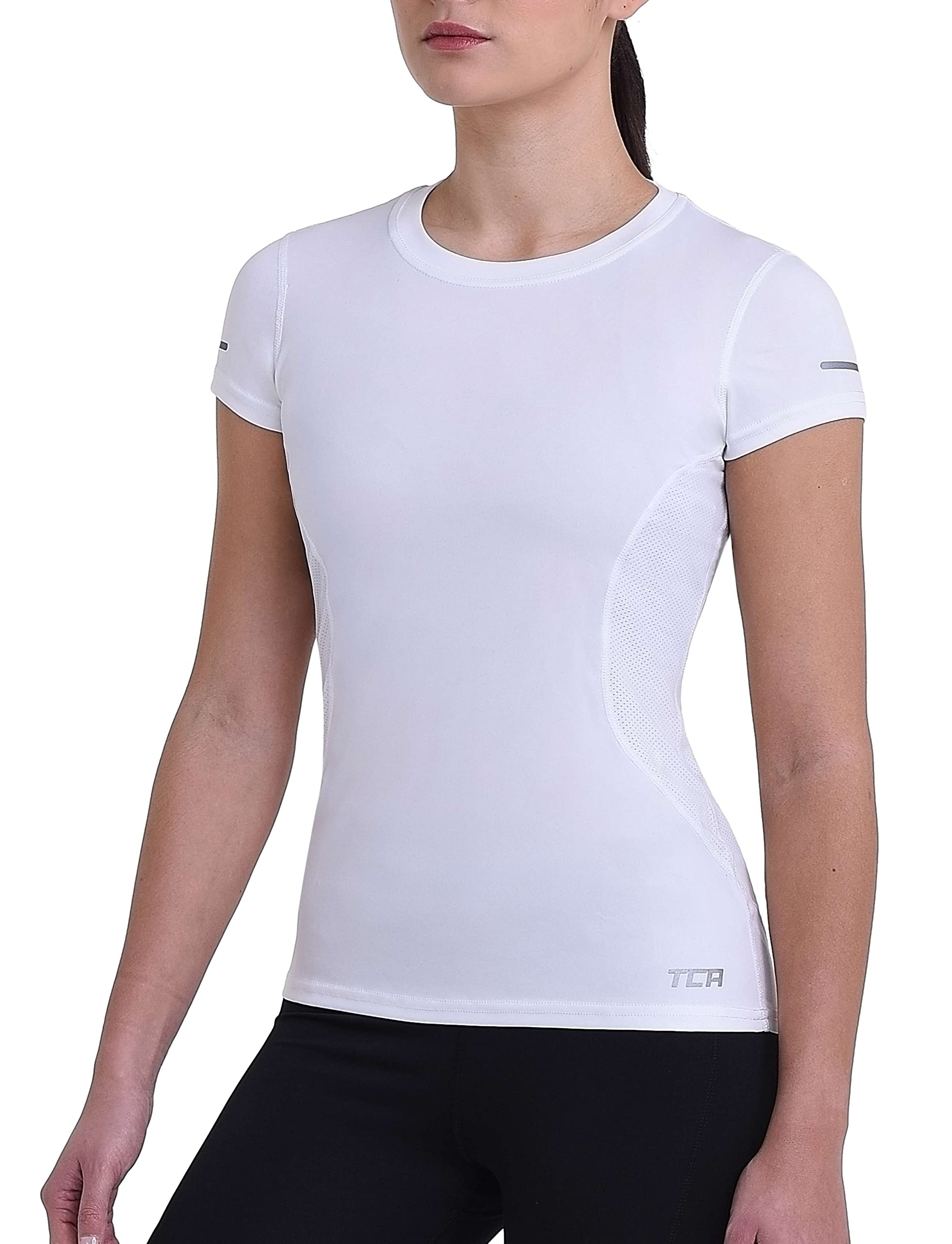 TCA Women's Atomic Short Sleeve Quickdry Gym Running Training Top - White (UPF 50+), M