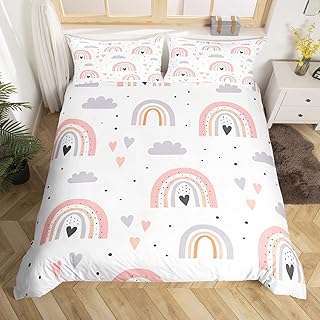 Rainbow Full Bedding Sets For Girls, Kawaii Cloud Comforter Cover 3 Pieces With 2 Pillow Cases, Pink Love Heart Duvet Cover For Kids Boys Women Adult, Hand Drawn Cartoon Rainbow Quilt Cover