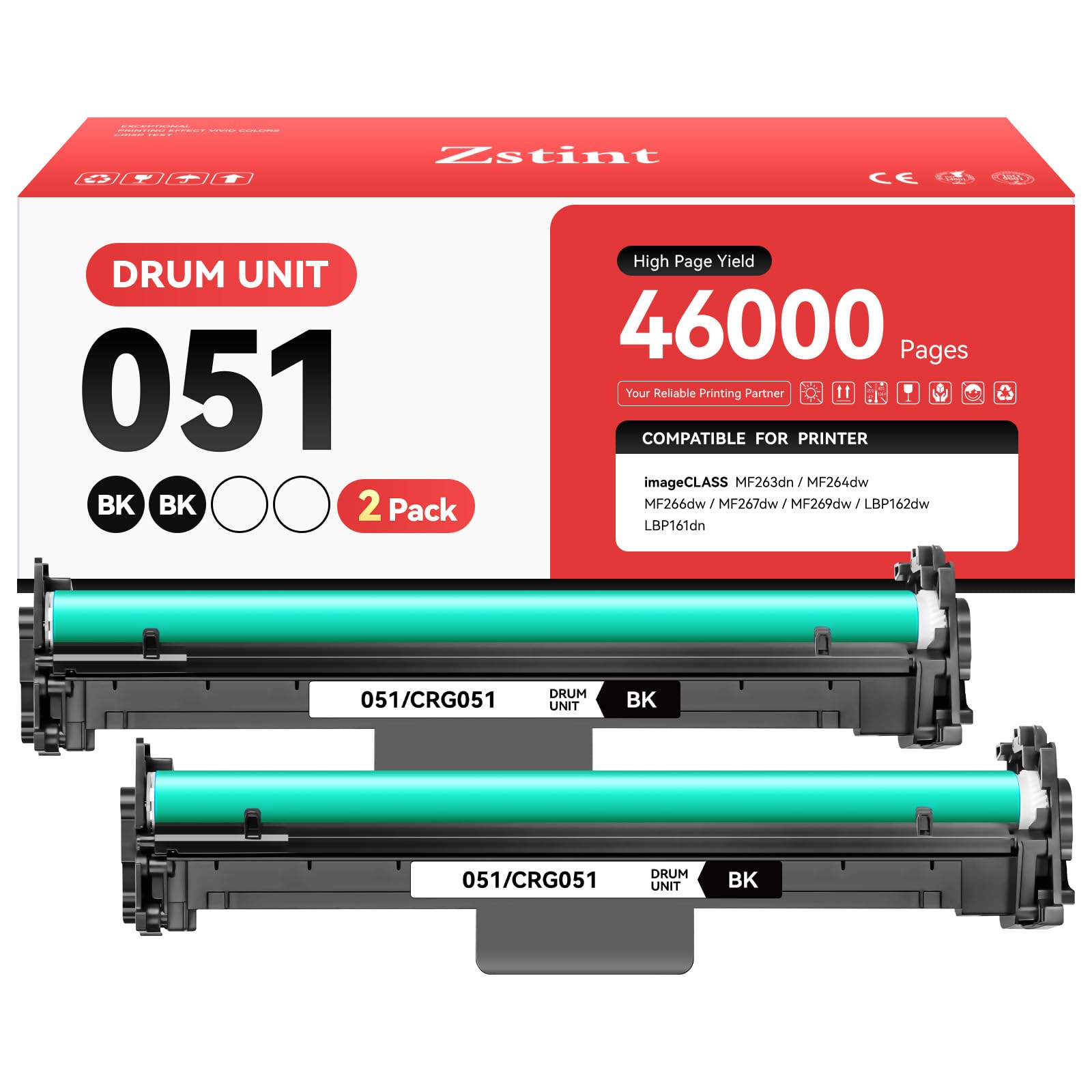 Confezione da 2 unità tamburo di ricambio ad alta resa per Canon 051 CRG051, tamburo compatibile con stampanti Canon imageClass MF263dn MF264dw MF266dw MF267dw MF269dw LBP162dw LBP161dn LBP160 MF260