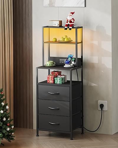 Miniatura 2 de WLIVE - Mesita de noche alta con estación de carga, mesita de noche LED con 3 cajones de tela y estantes abiertos de almacenamiento, mesa de noche