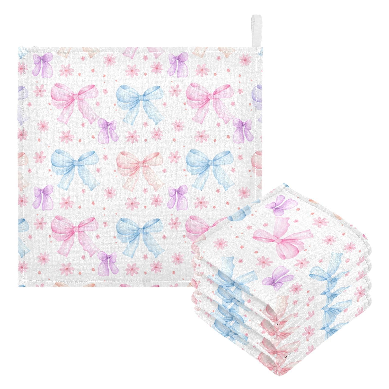 Kigai Colorful Ribbon Bow Baby Washcloths,3pcs Ultra Soft Absorbent Towel,Newborn Bath Face Towel, Natural Reusable Baby Wipes for Sensitive Skin, Baby Registry as Shower