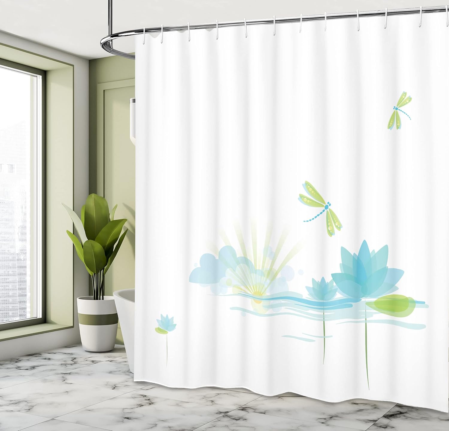 Ambesonne Dragonfly Shower Curtain, Waterlily and Dragonfly Nature Background Clouds Lake Sun Design, Cloth Fabric Bathroom Decor Set with Hooks, 69" W x 75" L, Apple Green Pale Blue