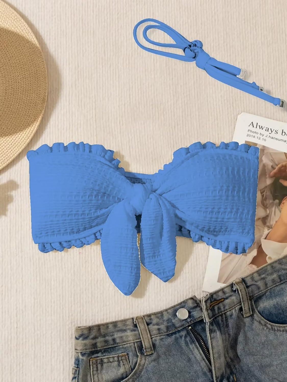 レディース 水着 ノット フロント フリル トリム バンドゥ 水着 ビキニトップ