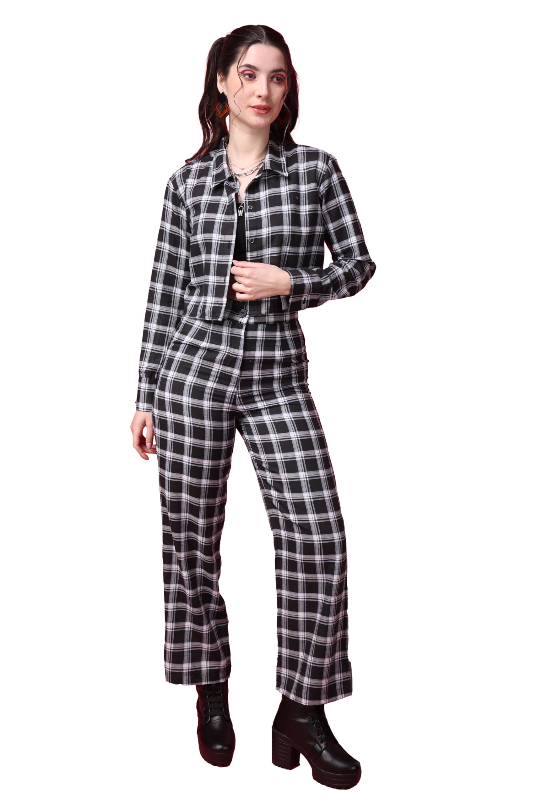 Popwings Casual Checks Print Crop Shirt And Trouser Co-Ord Set For Women | Shirt And Pant Co-Ord Set For Women | Full Sleeves Co-Ord Set For Women | Western 2 Piece Set For Women Black