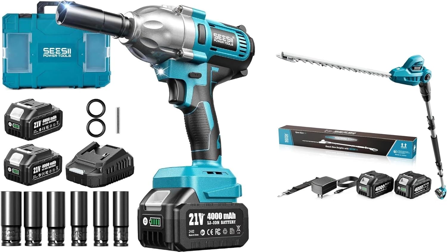 Seesii Impact Wrench 665 FT-LBS 3300IPM 1/2 Impact Gun High & Pole Hedge Trimmer Cordless
