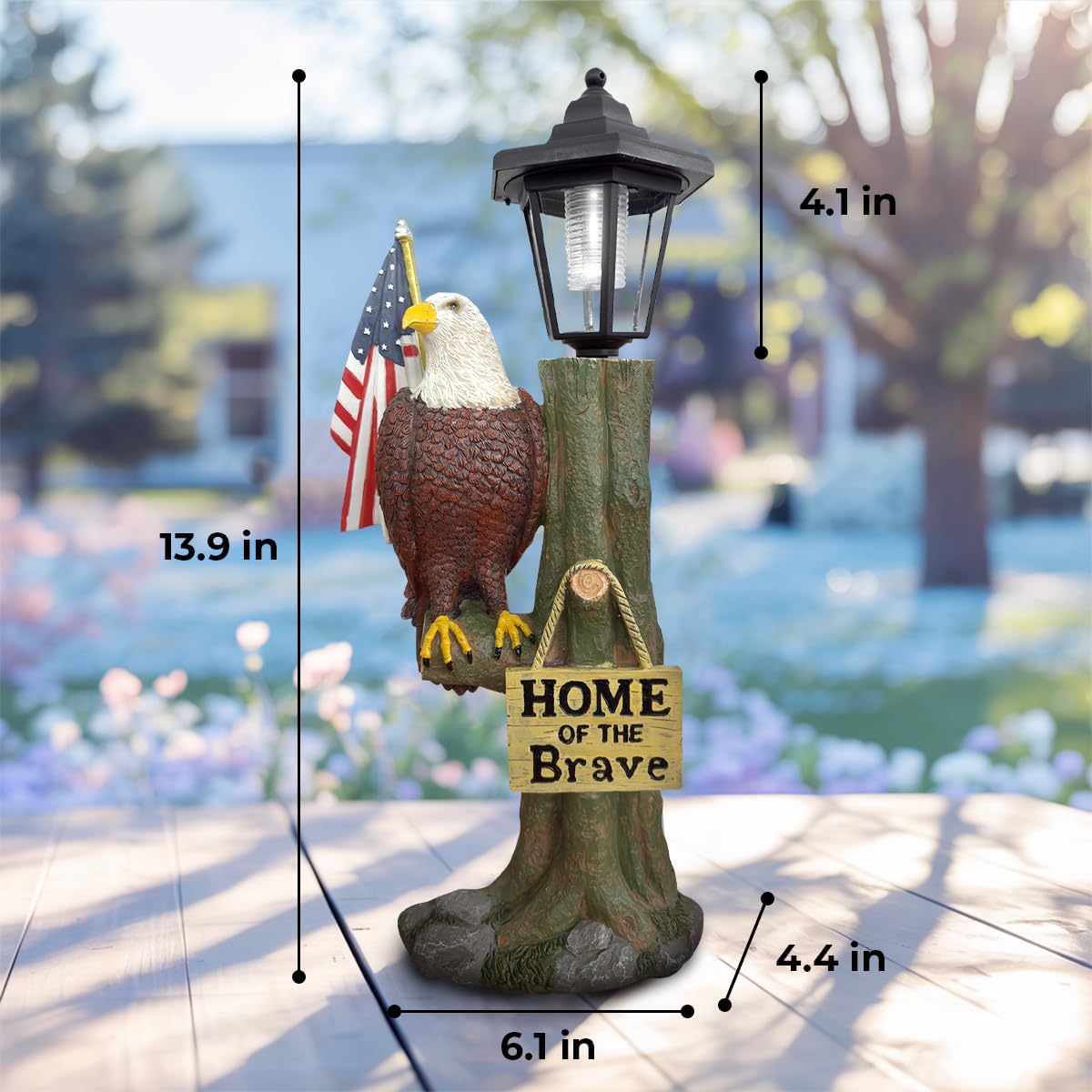 GENANY Bald Eagle Outdoor Solar Statue 14x6 Inch, Garden Decoration Outdoor Waterproof, Eagle Statue with American Flag for Patios, Yards and Gardens