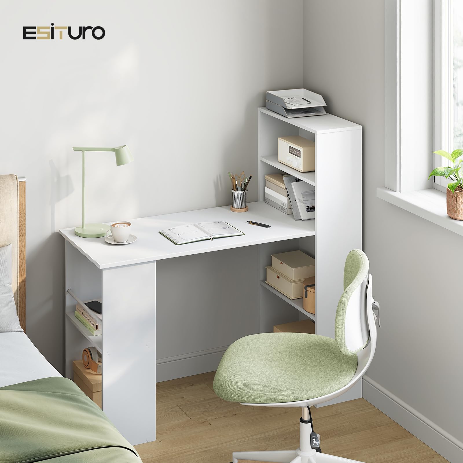eSituro Schreibtisch mit Stauraum & Bücherregal, Computertisch Homeoffice, Weiß, 120x52x120 cm, Bürotisch fürs Arbeitszimmer Schlafzimmer | Offene Stauraum und Regale, Aktenordner-Halterung, für Homeoffice Schlafzimmer Wohnzimmer