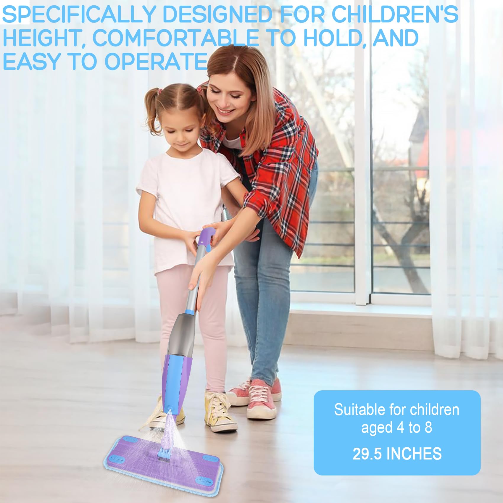 Trapeador con atomizador para niños, juego de limpieza para niños pequeños con rociador de agua y 2 almohadillas lavables para trapeador y raspador, juguetes Montessori de limpieza para juegos de 7