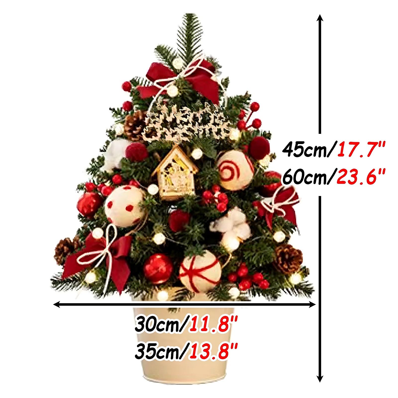 Arbol de Navidad Pequeño de 45m/60cm con Base Árbol de Navidad de Mesa Plantas Artificialesde Plástico para Hogares, Hoteles, Centros Comerciales, Escaparates(Red,45cm/17.7")