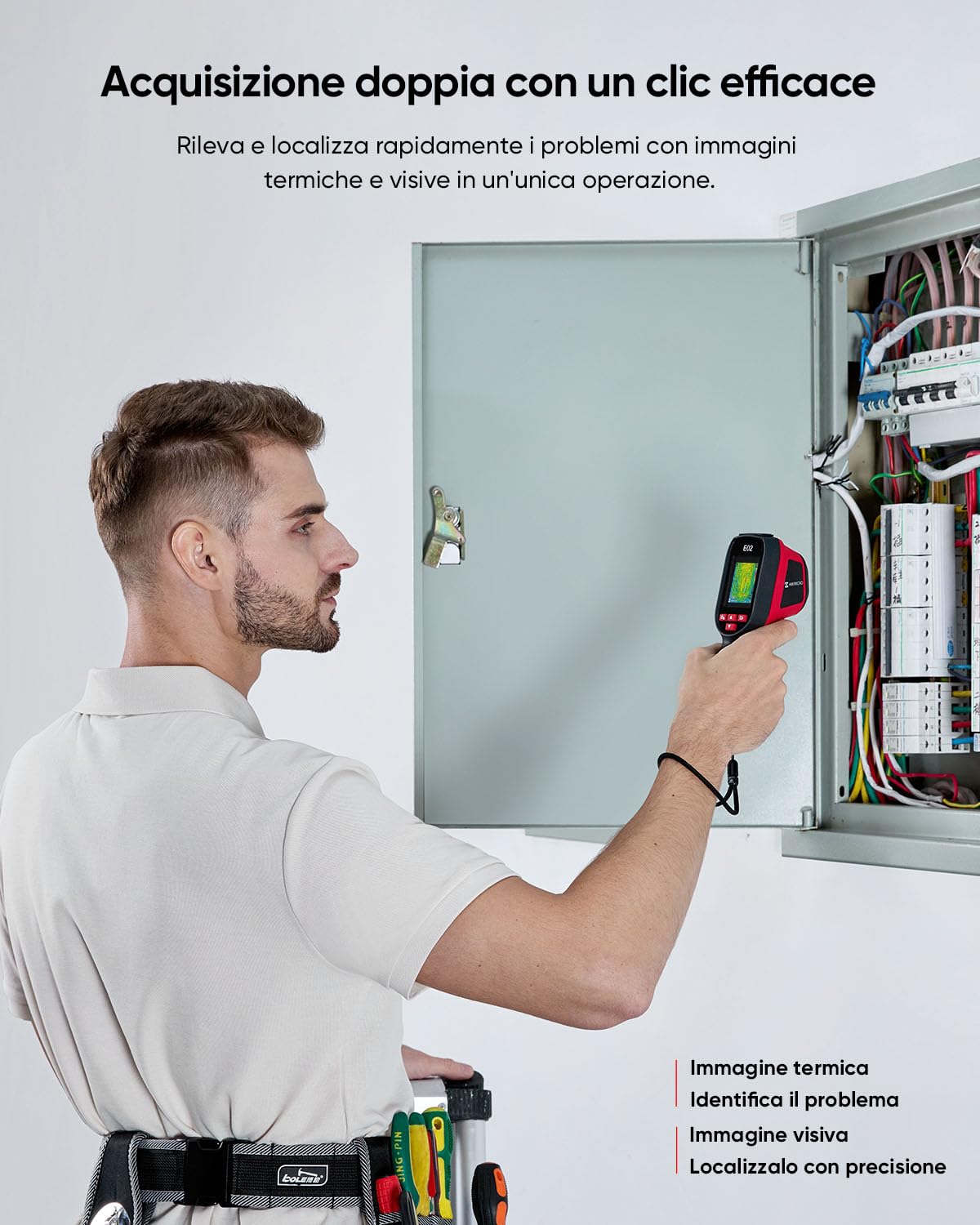Termocamera HIKMICRO E02, SuperIR risoluzione IR 240x240 con termocamera visibile, termocamera portatile con puntatore laser, frequenza di refresh 20Hz, range di misurazione da -20°C a 400°C