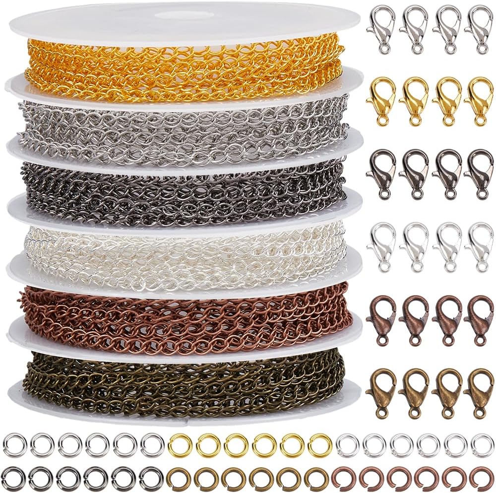 59 Feet/18M 4 x 3mm Twist Link Chain Gold Chain Jewelry Making Kit with Jump Rings Clasps Brass Colorful Curb Cuban Metal Roll Connector Accessories for Jewelry Necklace Bracelet DIY Crafts