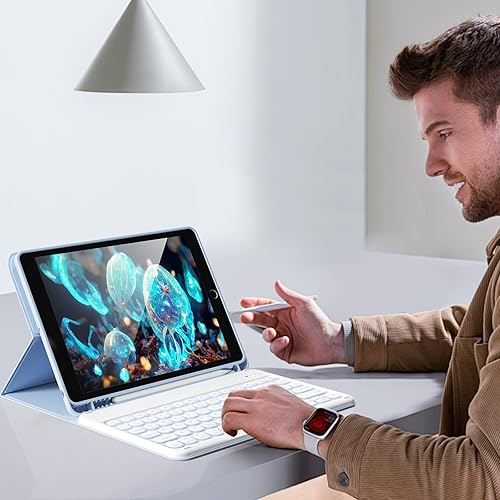 Miniatura 24 de aoub Funda para iPad de 9ª/8ª/7ª generación de 10.2 pulgadas, funda de teclado Bluetooth inalámbrica desmontable, funda trasera de TPU suave
