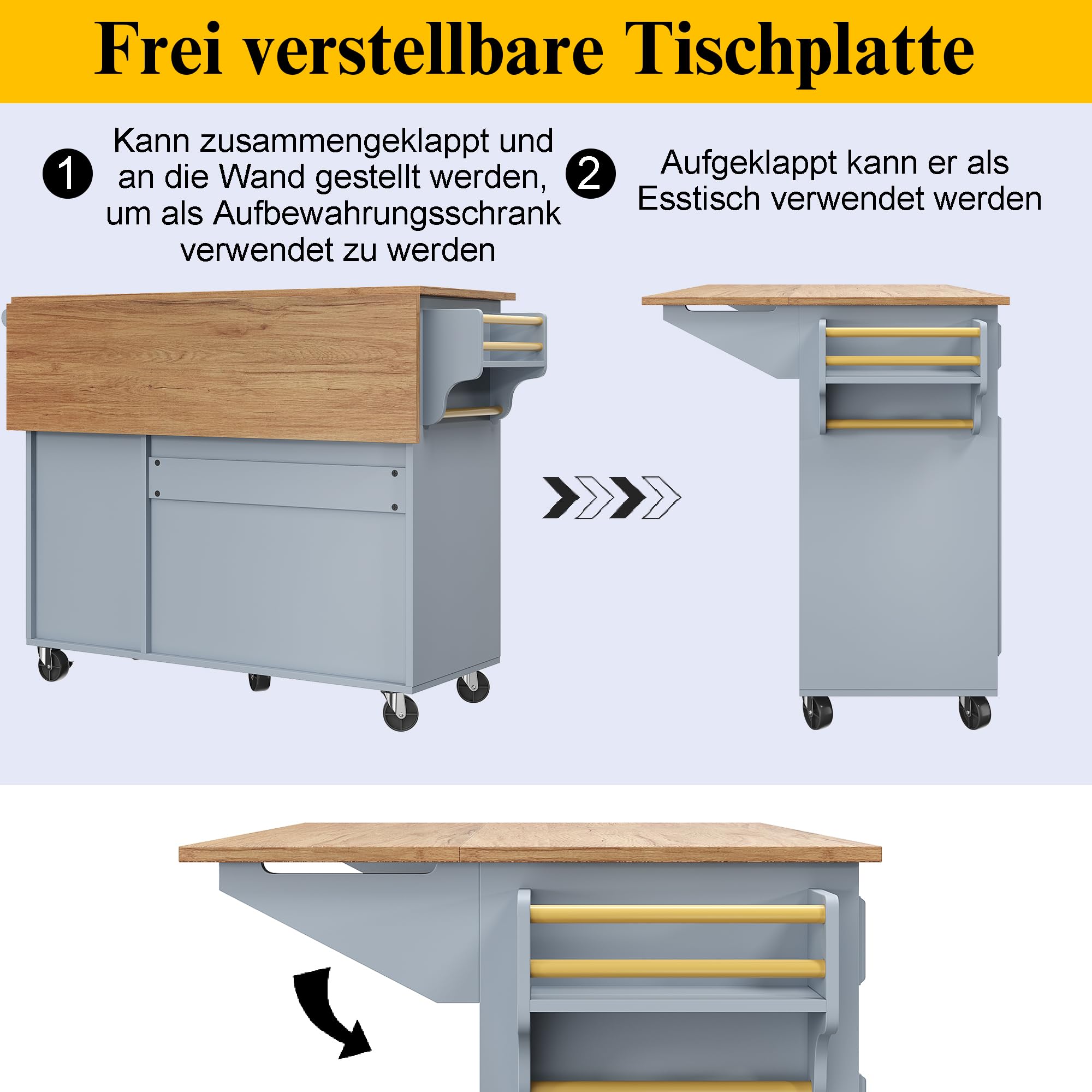 Kücheninsel Freistehend mit Klappbarer Arbeitsplatte und Vielseitiger Stauraum, Küchenschrank mit 4 Schubladen und Schränke, Servierwagen mit Rollen, Blau-A, 130x75x92 cm