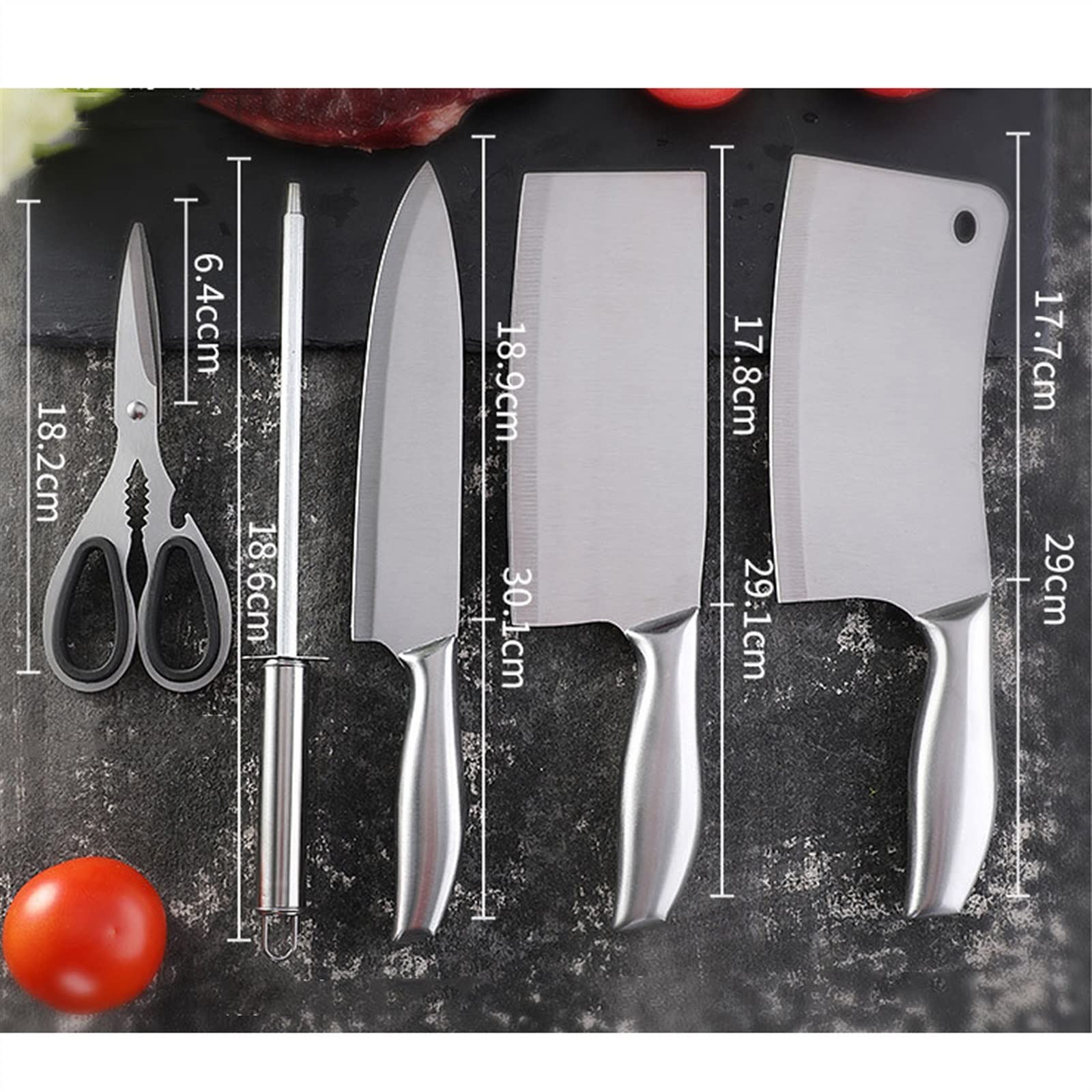 6pcs Cleaver Cleaver Sets de Acero Inoxidable Afilamiento de la Varilla Ginder Kit de Corte de Cortador de Chopper con Bloque de Madera sólida