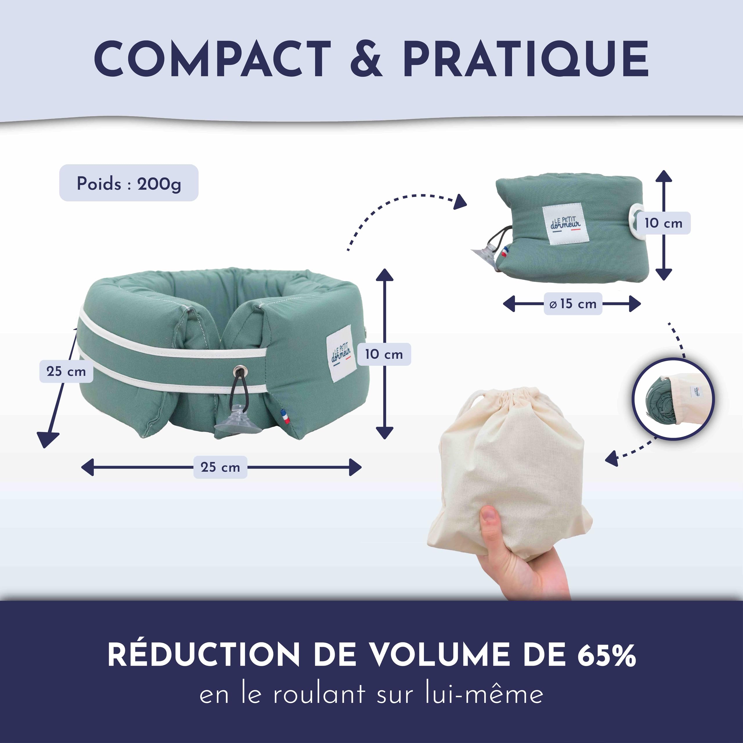 Cuscino da viaggio 3 in 1, da viaggio Thym, ergonomico e leggero, ideale per viaggi in aereo, treno, auto, prodotto in Francia