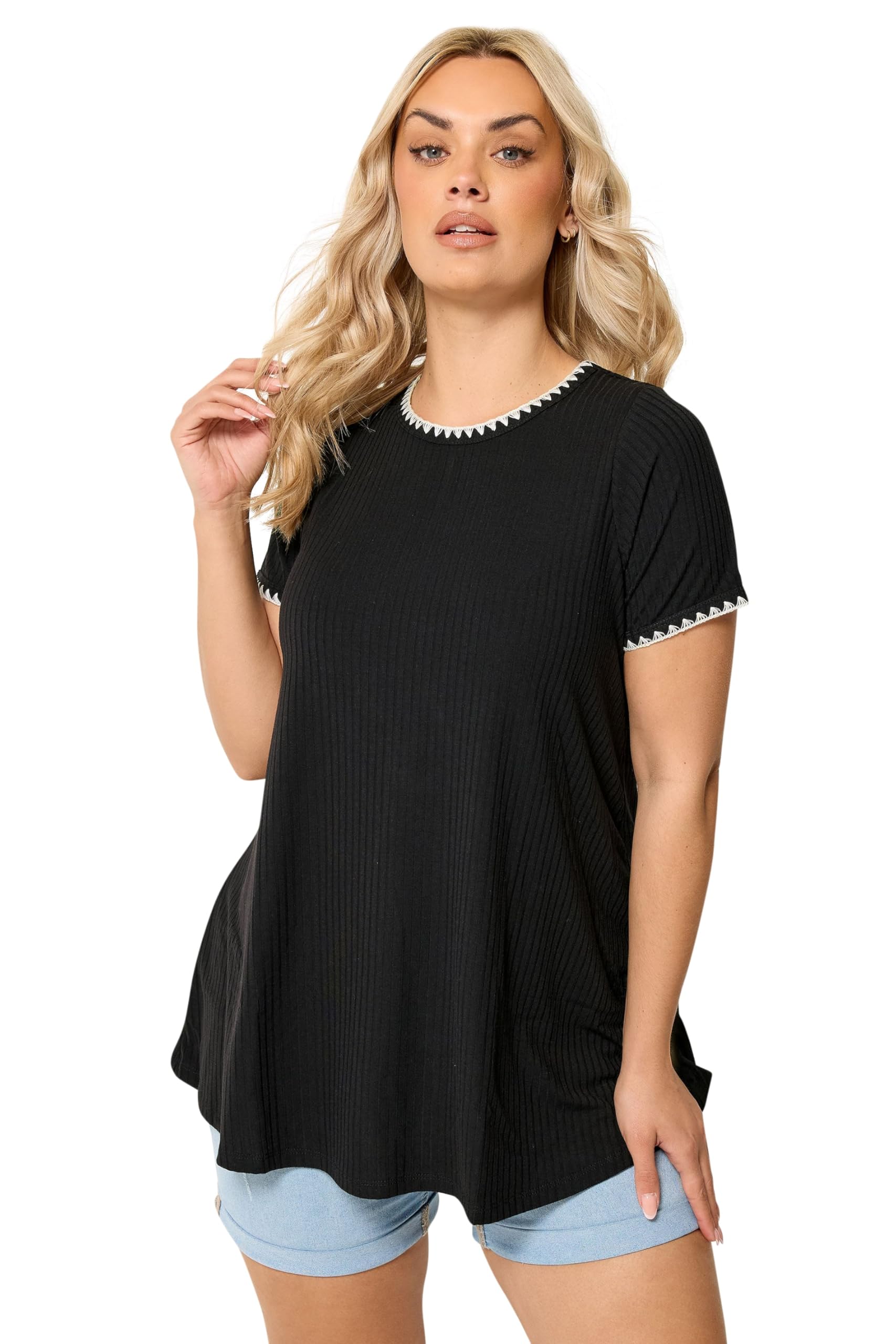 Yours Curve Contrast Stitch Swing T-Shirt - Women's - Plus Size Curve Black