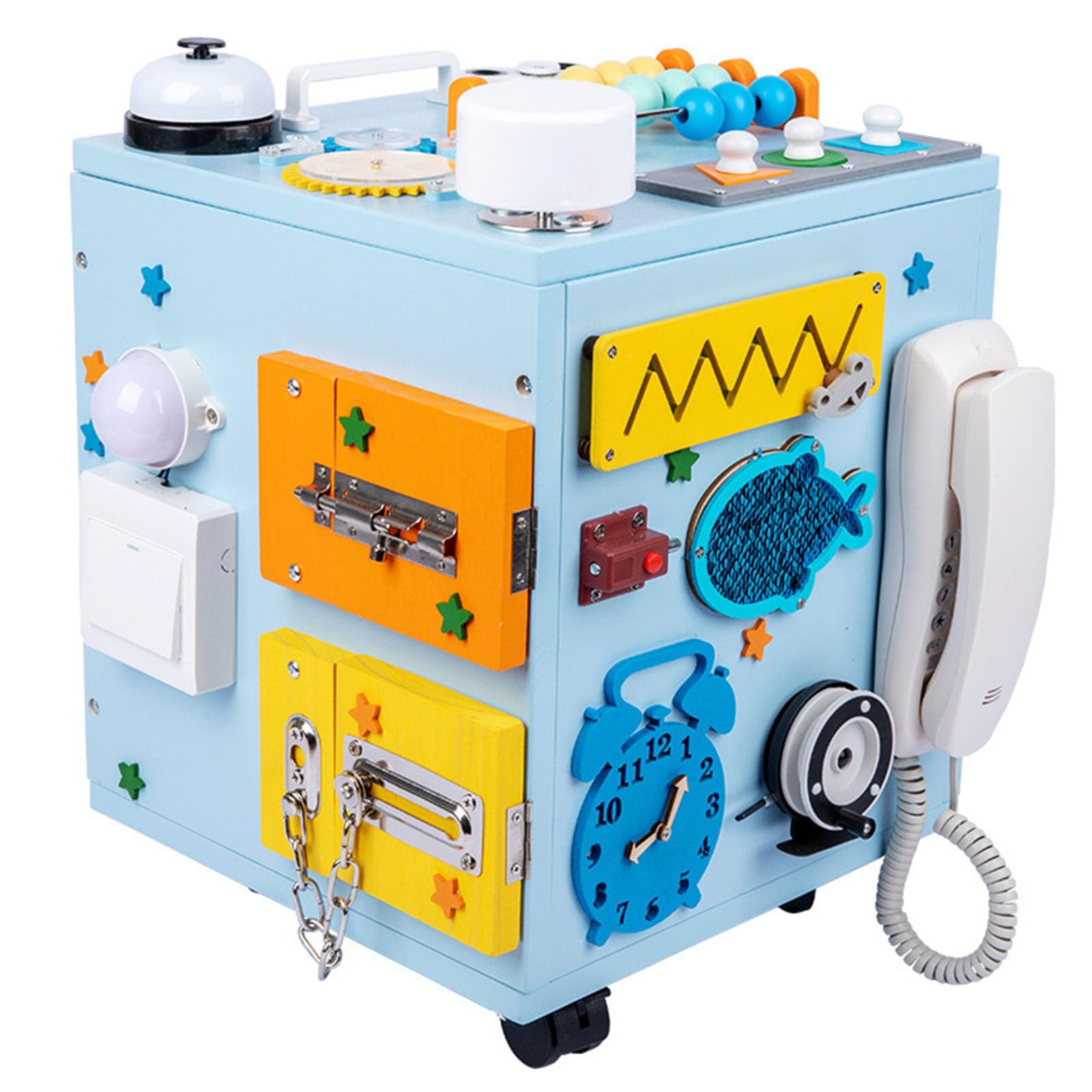 Tavola attività Montessori Busy Cube, Giocattolo Sensoriale in Legno per Bambini, Scatola Busy Multifunzionale,Blu