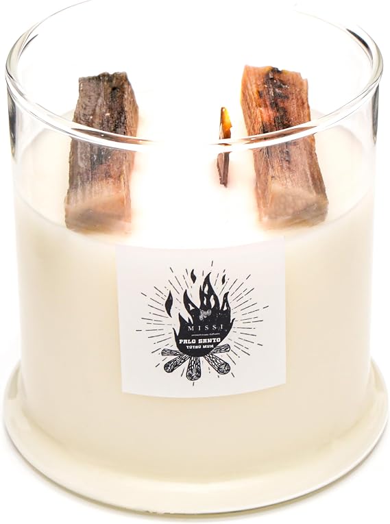 Büyük Üfleme Cam Ahşap Fitilli Palo Santo Vegan Mum (380 gr)